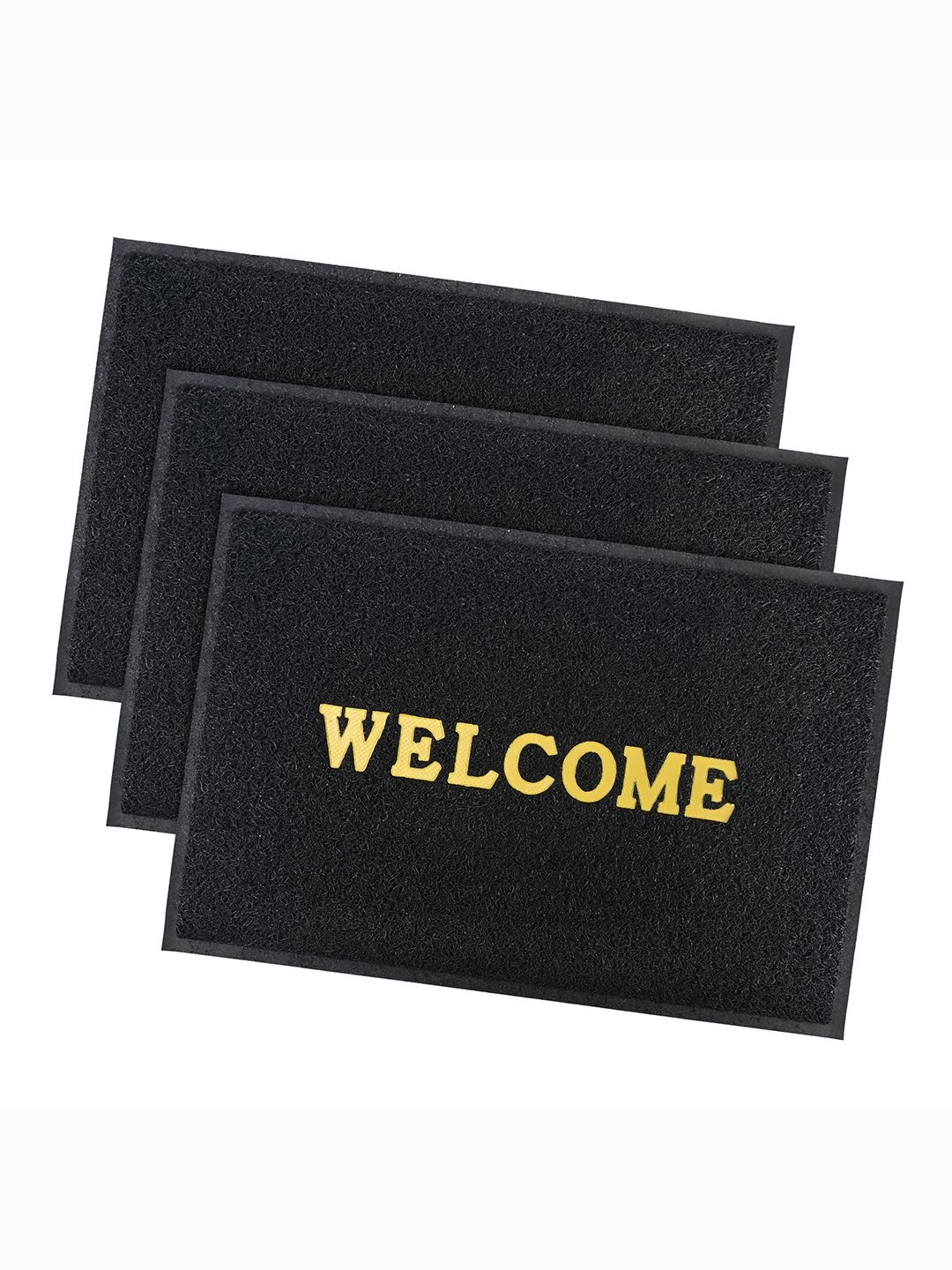 

Kuber Industries Black & Yellow 3 Pieces Applique Anti-Skid Rubber Doormats