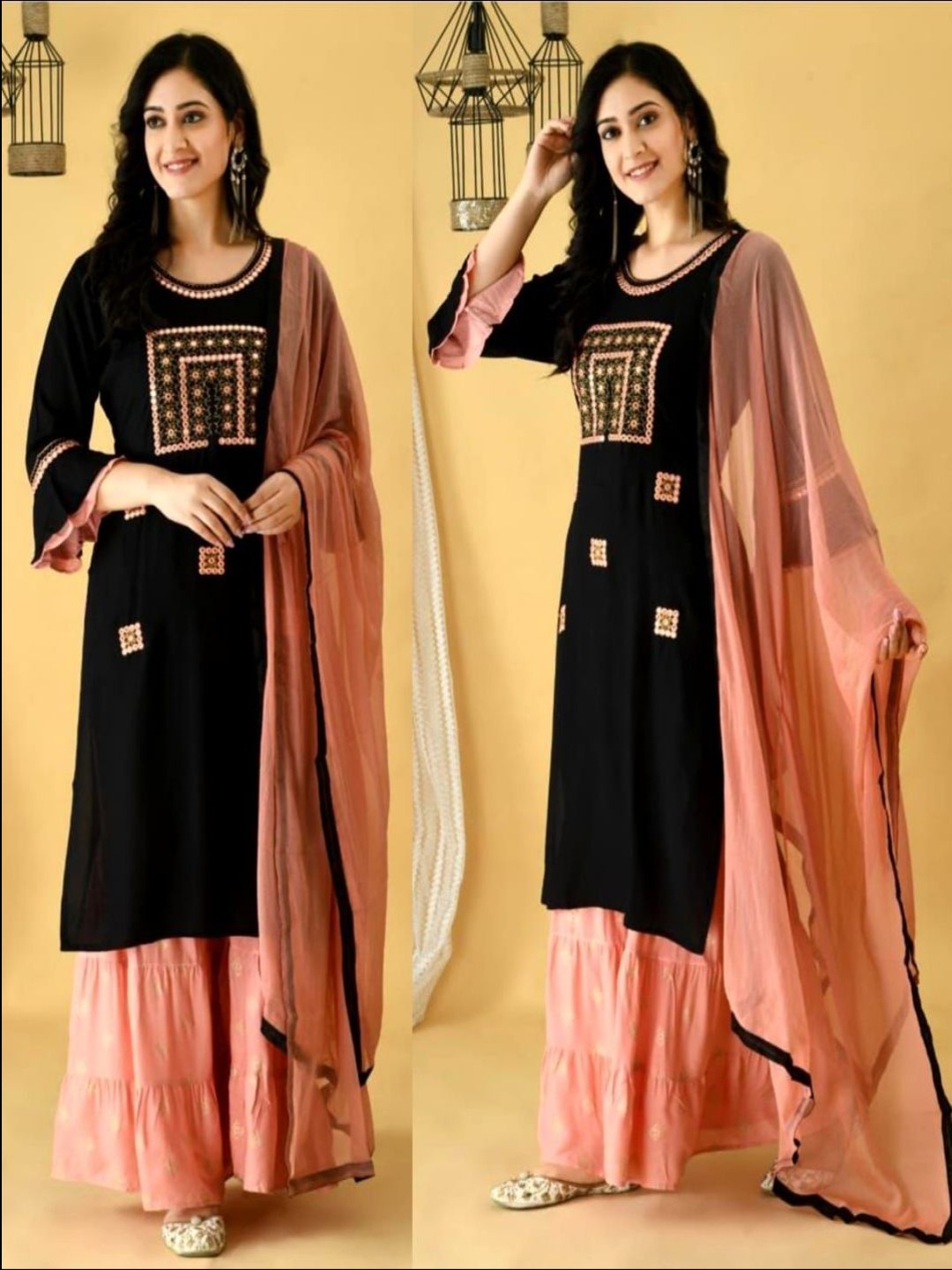 

Lookmark Ethnic Motifs Embroidered Straight Mirror Work Kurta with Sharara & Dupatta, Black