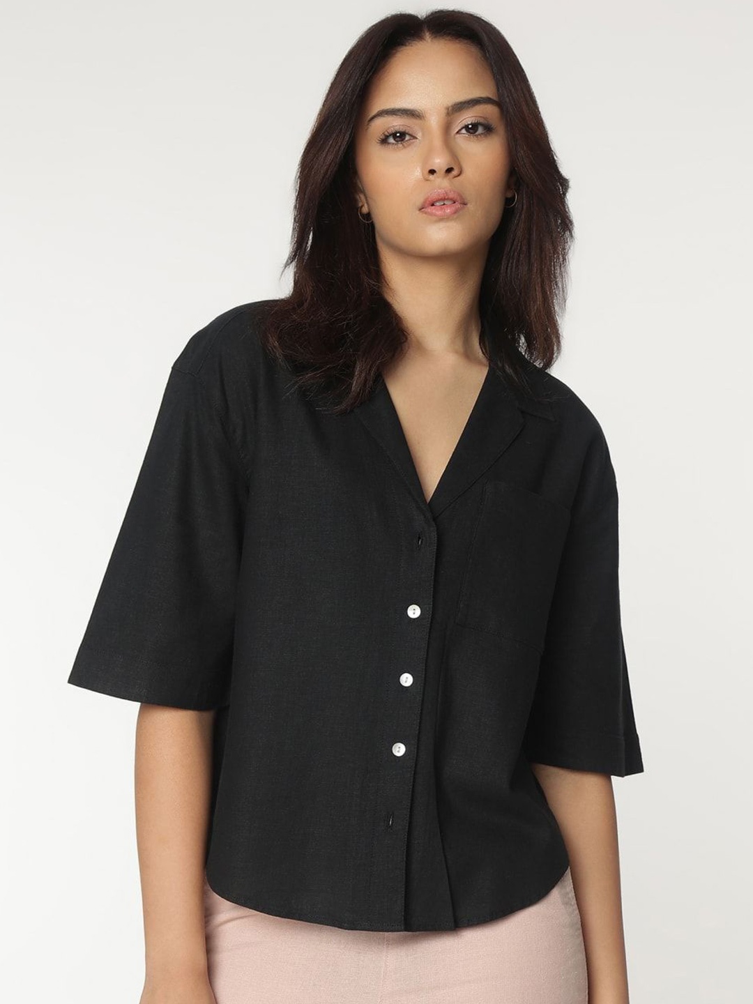 

Marks & Spencer Women Cuban Collar Solid Linen Casual Shirt, Black