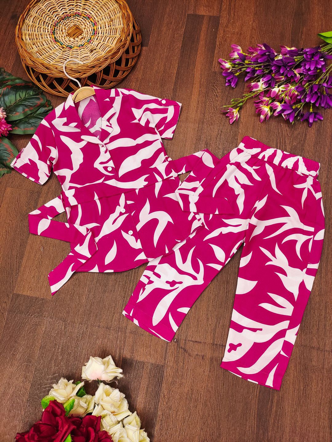 

BAESD Girls Printed Shirt Collar Shirt With Trouser & Waist Belt, Pink