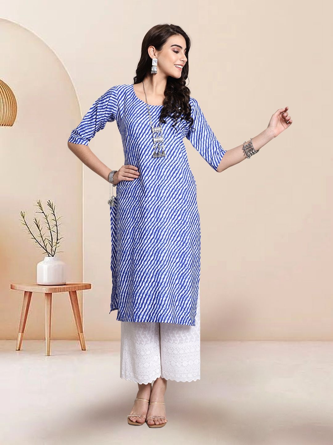 

7ThreadsSelection Of 3 Leheriya Printed Round Neck Straight Kurtas, Blue