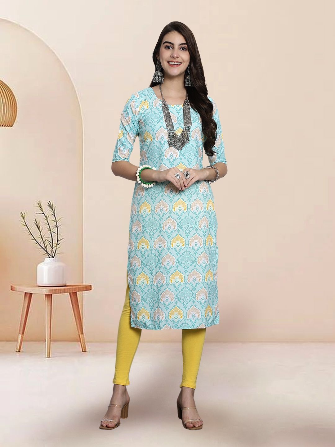 

7Threads Selection Of 5 Floral Printed Round Neck Straight Kurtas, Turquoise blue