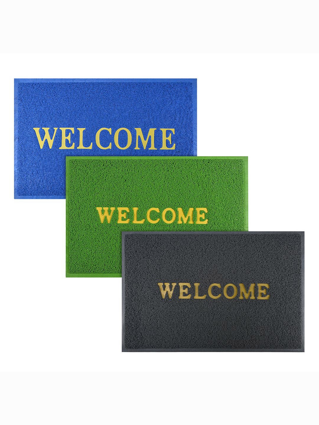 

Kuber Industries Blue & Green 3 Pieces Applique Anti-Skid Rubber Doormats