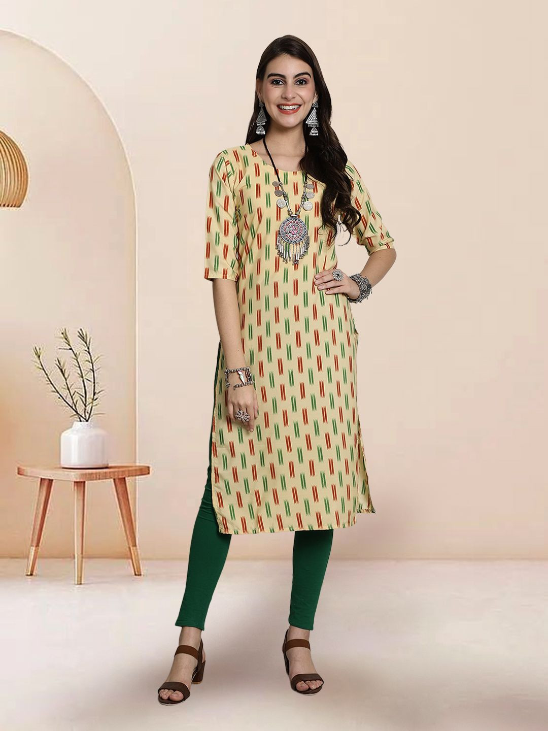 

7Threads Selection Of 3 Ethnic Motifs Printed Round Neck Straight Kurtas, Yellow