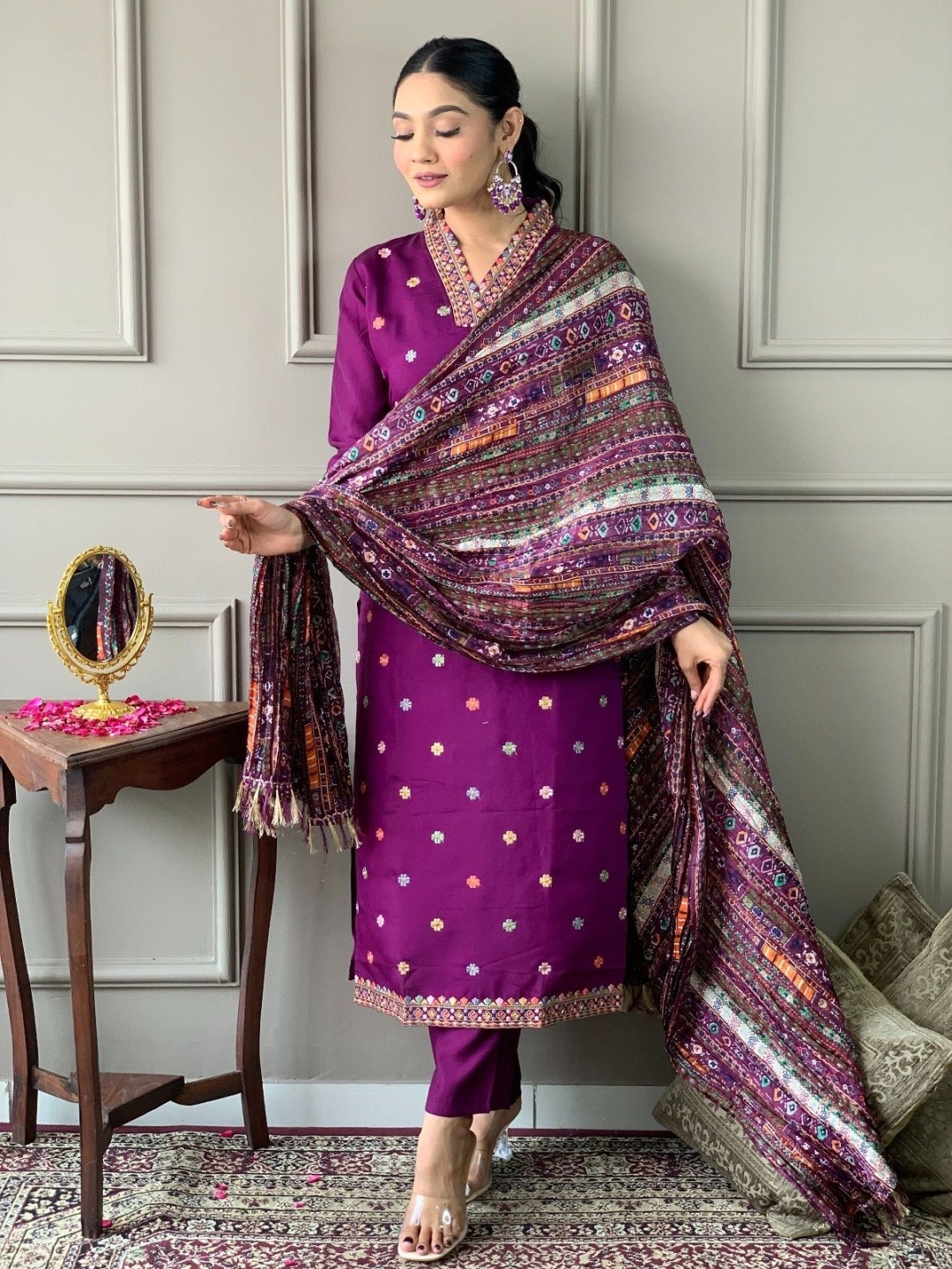 

KALINI Ethnic Motifs Embroidered Thread Work Straight Kurta With Trouser And Dupatta, Magenta