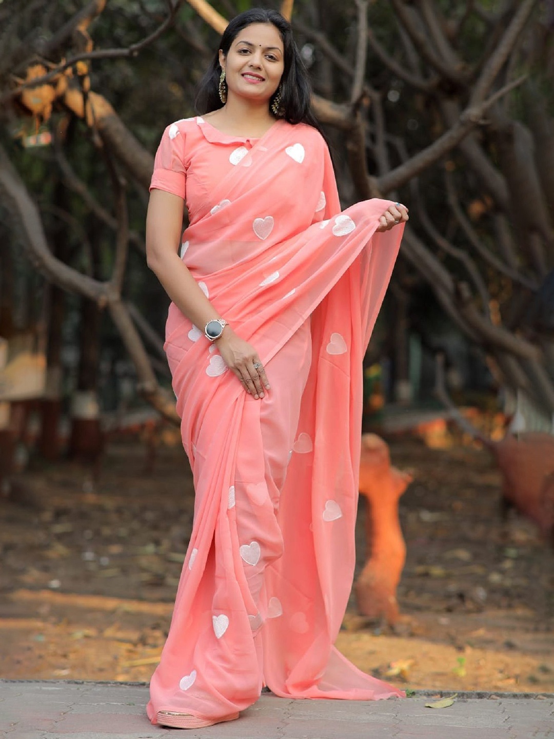 

A TO Z CART Embellished Embroidered Pure Georgette Saree, Peach