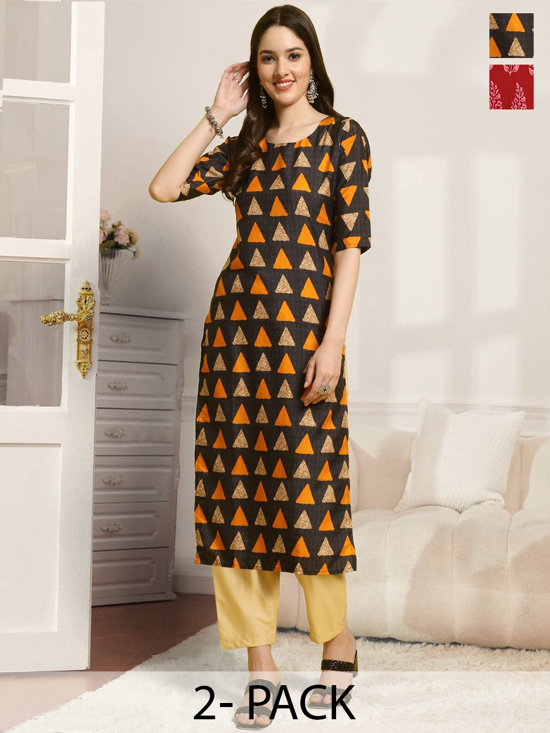 

7Threads Selection Of 2 Geometric Printed Straight Kurta with Trousers, Black