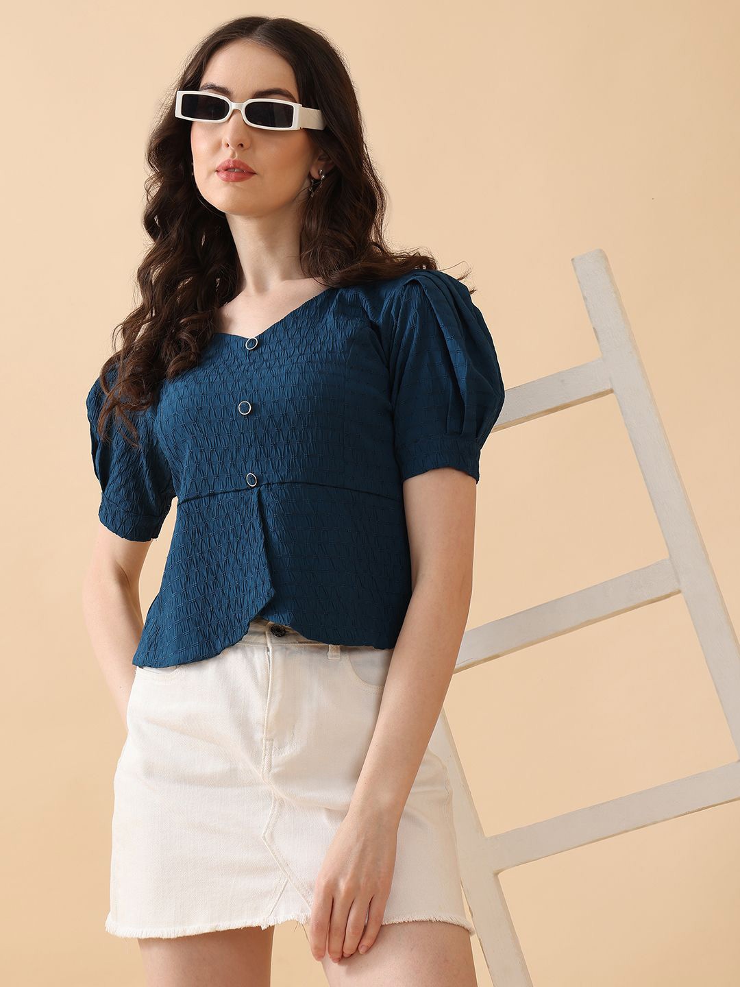 

Kinjo Sweetheart Neck Puff Sleeve Top, Teal