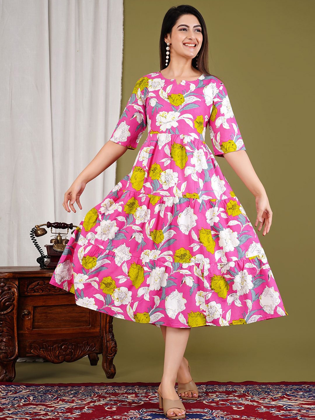 

Meena Bazaar Floral Print Fit & Flare Midi Dress, Pink