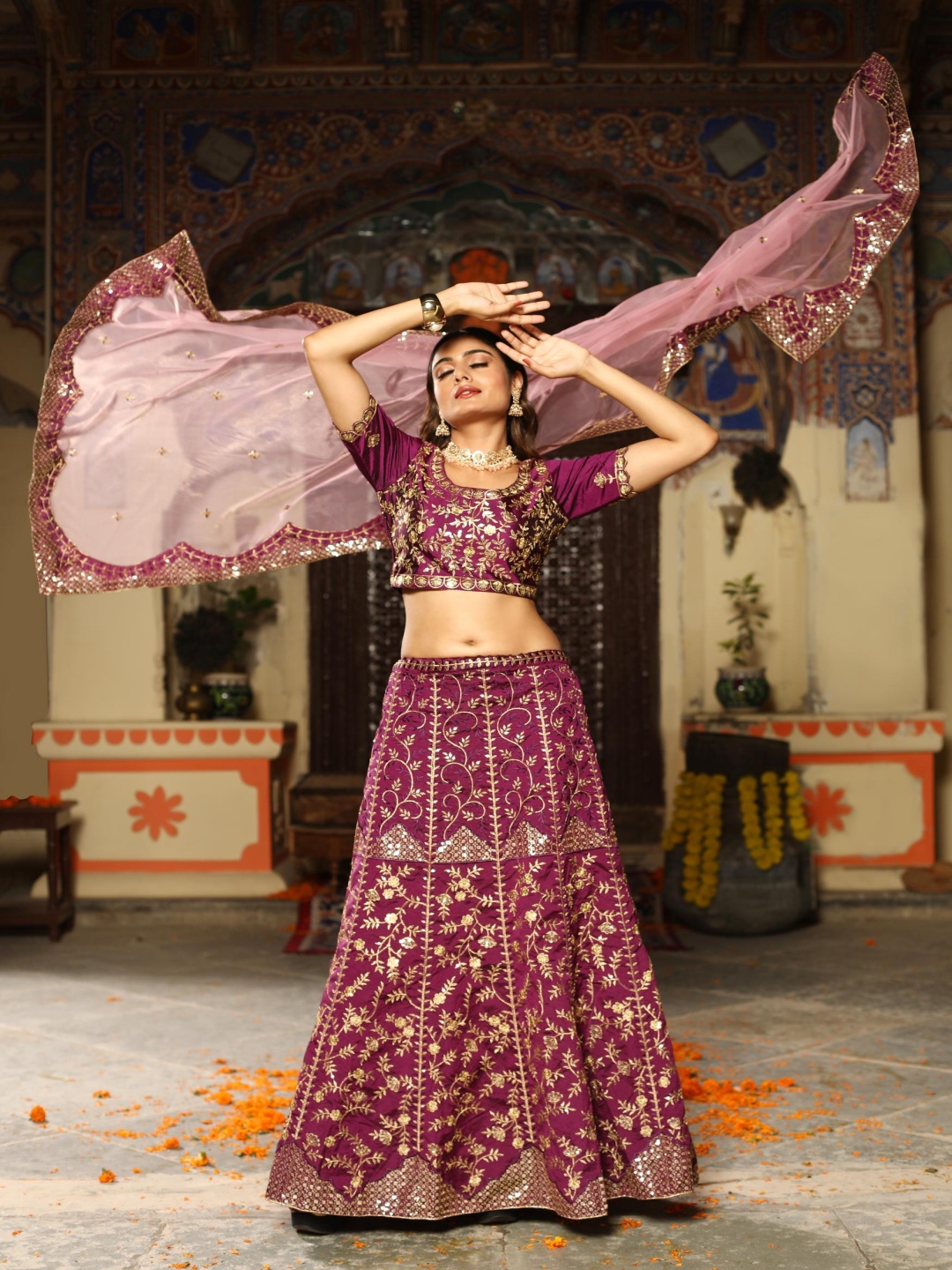 

Rujave Embellished Thread Work Semi-Stitched Lehenga & Unstitched Blouse With Dupatta, Purple