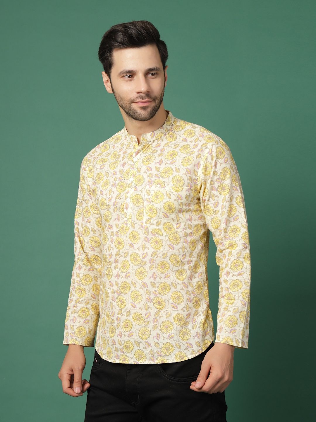

Ramas Floral Printed Mandarin Collar Pure Cotton Straight Kurta, White