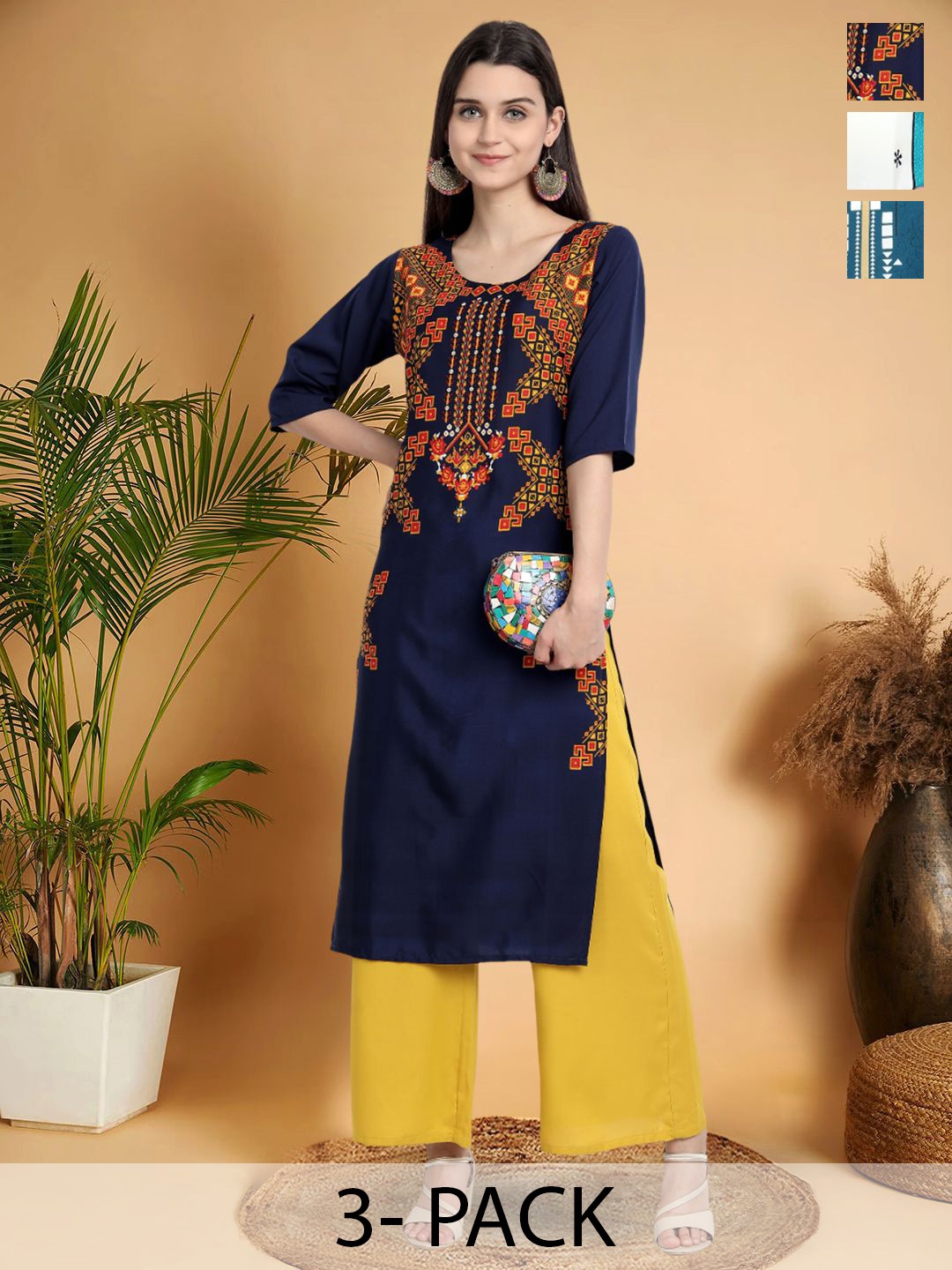 

7Threads Selection Of 3 Ethnic Motifs Printed Round Neck Straight Kurtas, Multi