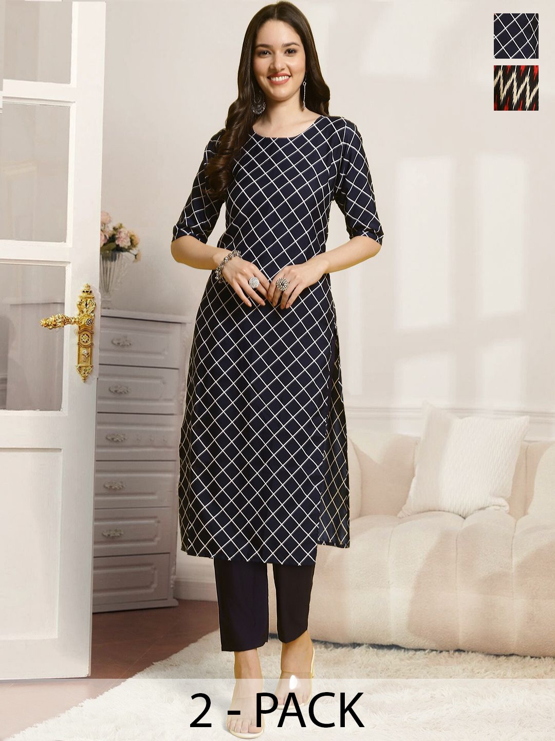 

7Threads Selection Of 2 Checked Printed Round Neck Straight Kurta With Trousers, Blue