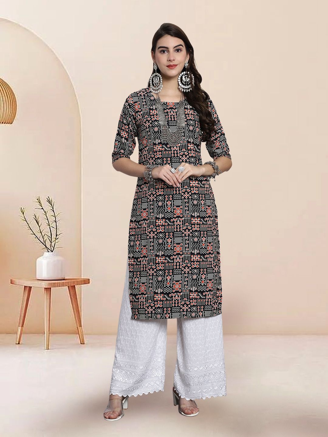 

7Threads Selection of 4 Ethnic Motifs Printed Round Neck Straight Kurtas, Black