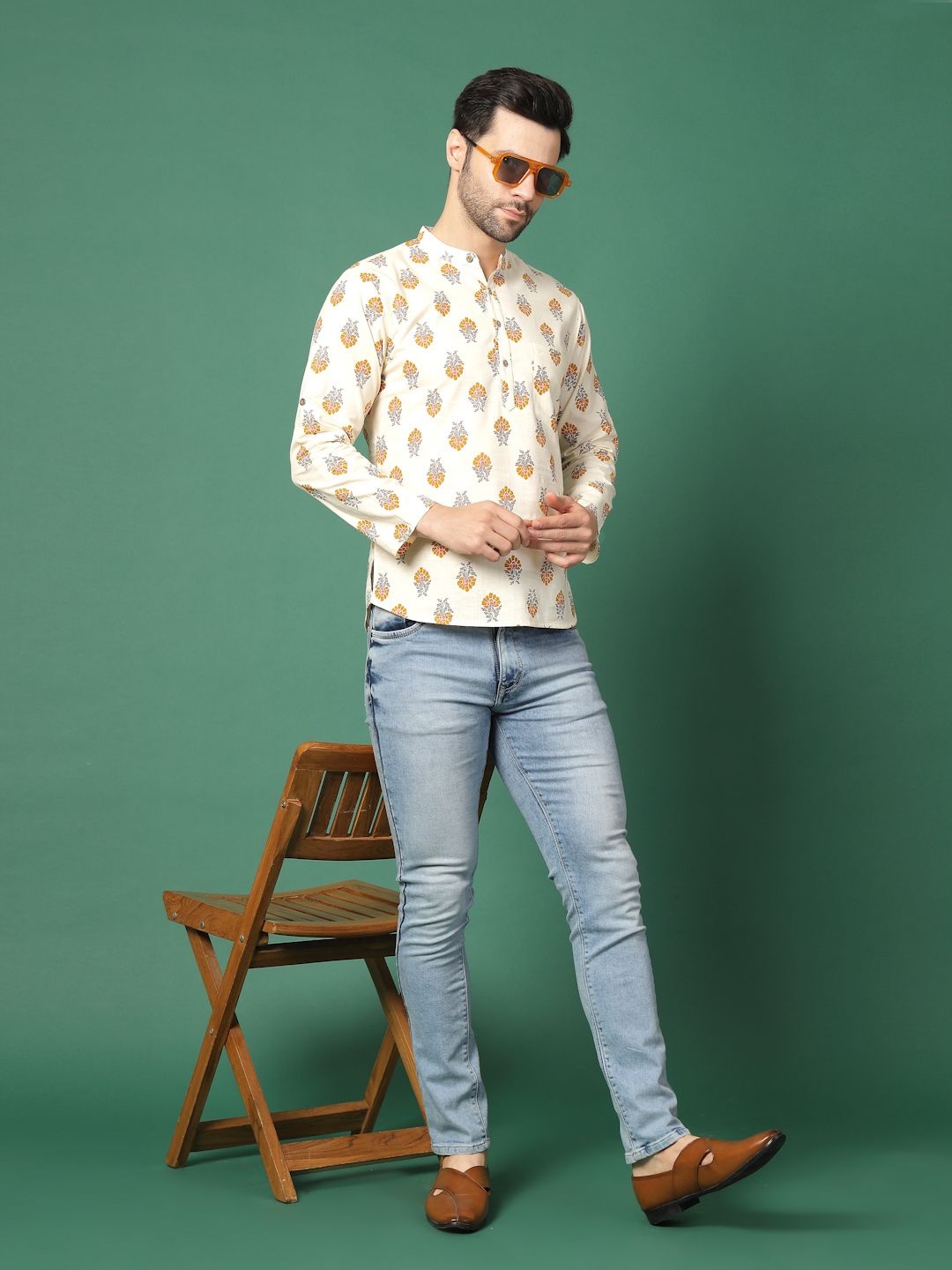 

Ramas Floral Printed Mandarin Collar Pure Cotton Straight Kurta, White