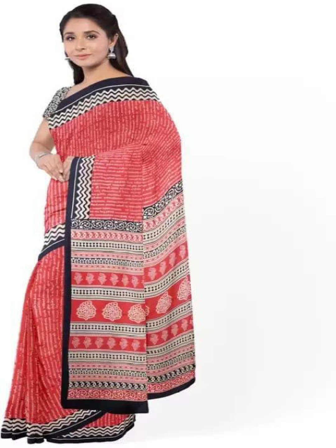 

TROPWEAR Ethnic Motifs Pure Cotton Block Print Saree, Red