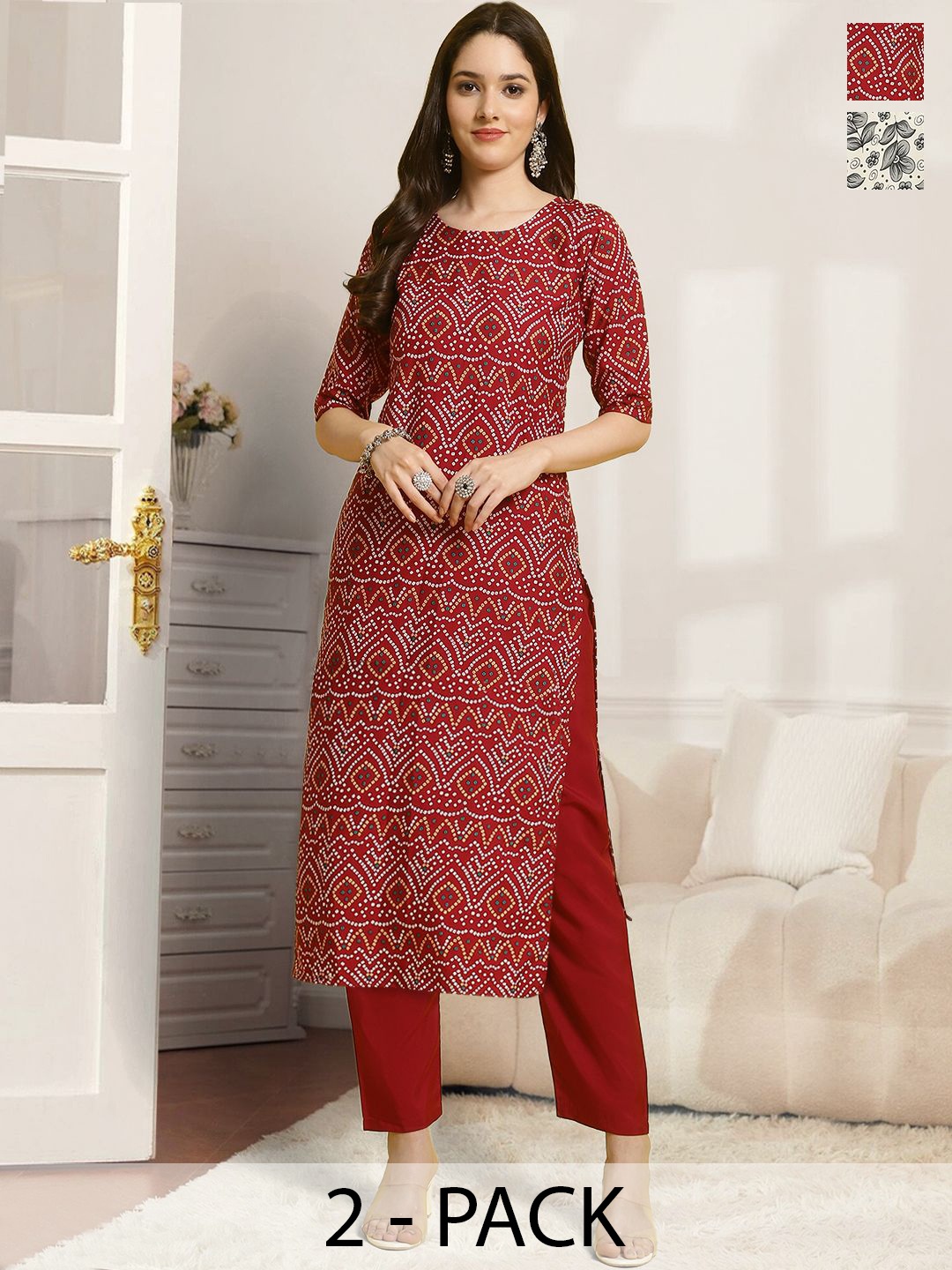 

7Threads Selection Of 2 Bandhani Printed Round Neck Straight Kurta With Trousers, Red