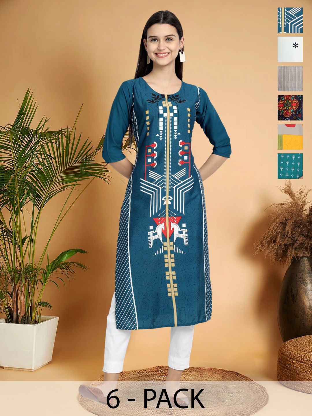 

7Threads Selection Of 6 Geometric Printed Round Neck Straight Kurtas, Blue