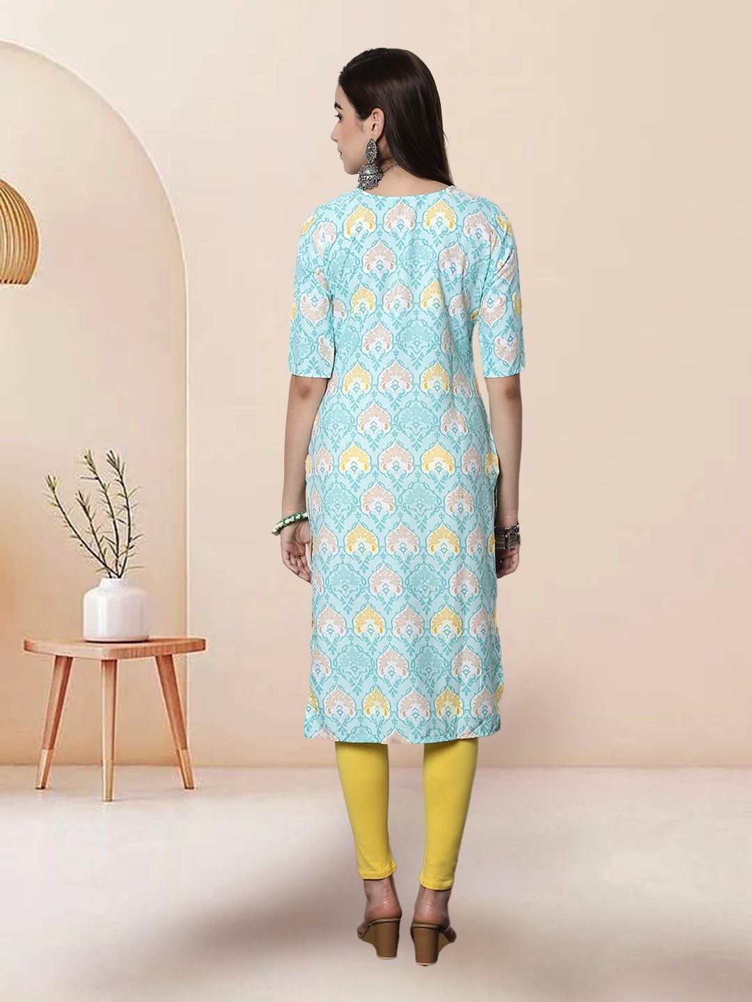 

7Threads Selection Of 5 Ethnic Motifs Printed Round Neck Kurtas, Sea green