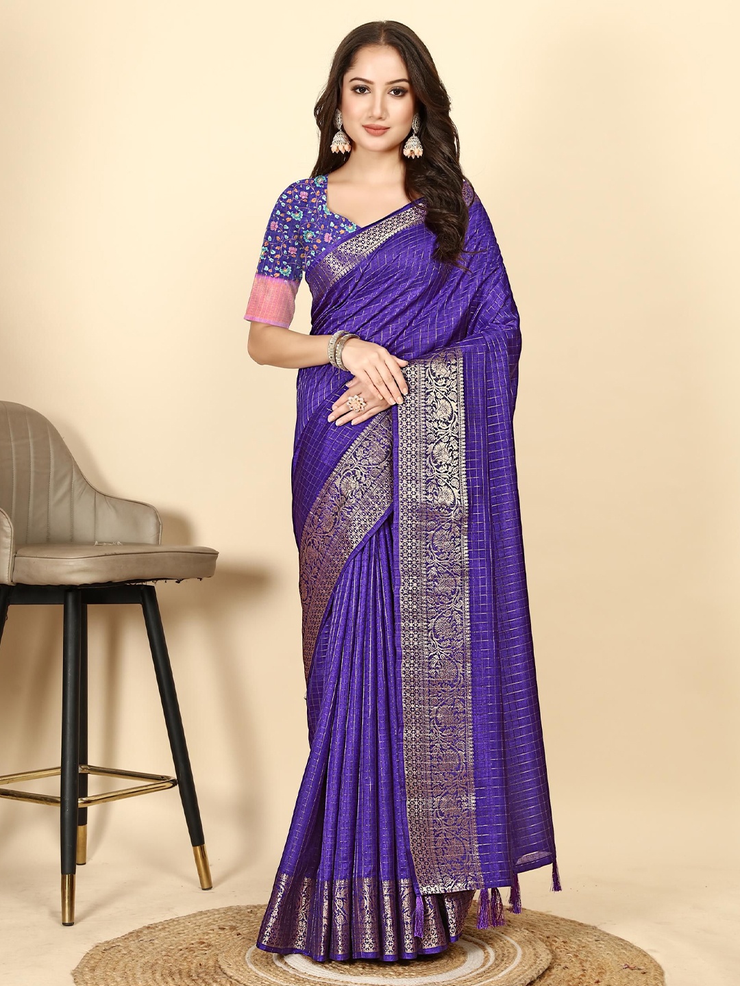 

J 6 DESIGNER Woven Design Zari Art Silk Block Print Saree, Blue