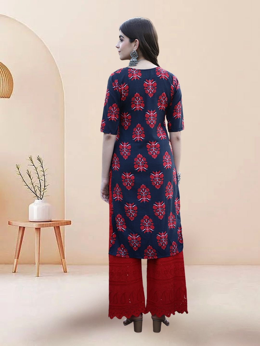 

7Threads Selection Of 3 Floral Printed Round Neck Straight Kurtas, Navy blue