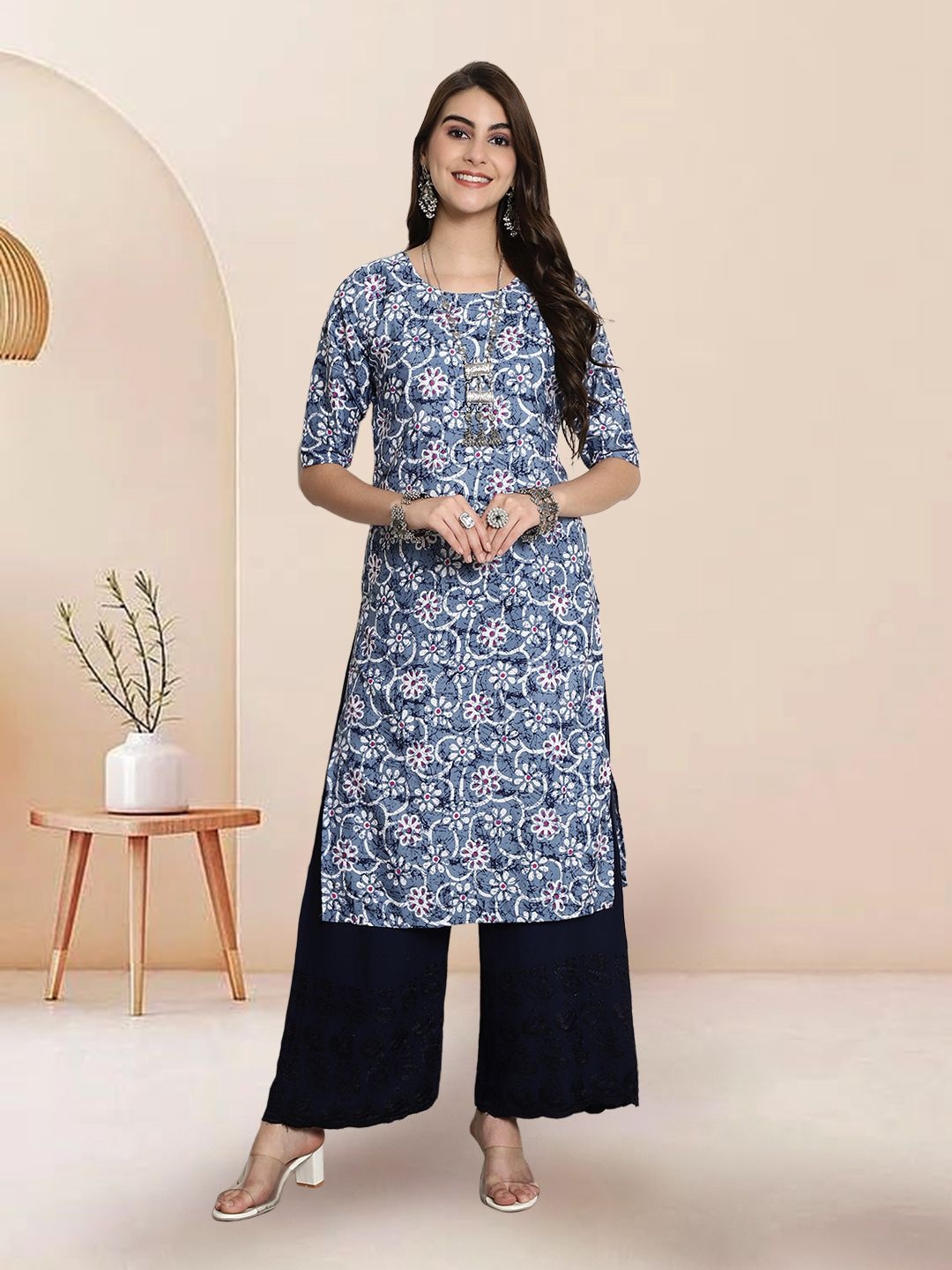 

7Threads Selection Of 5 Floral Printed Round Neck Straight Kurtas, Blue