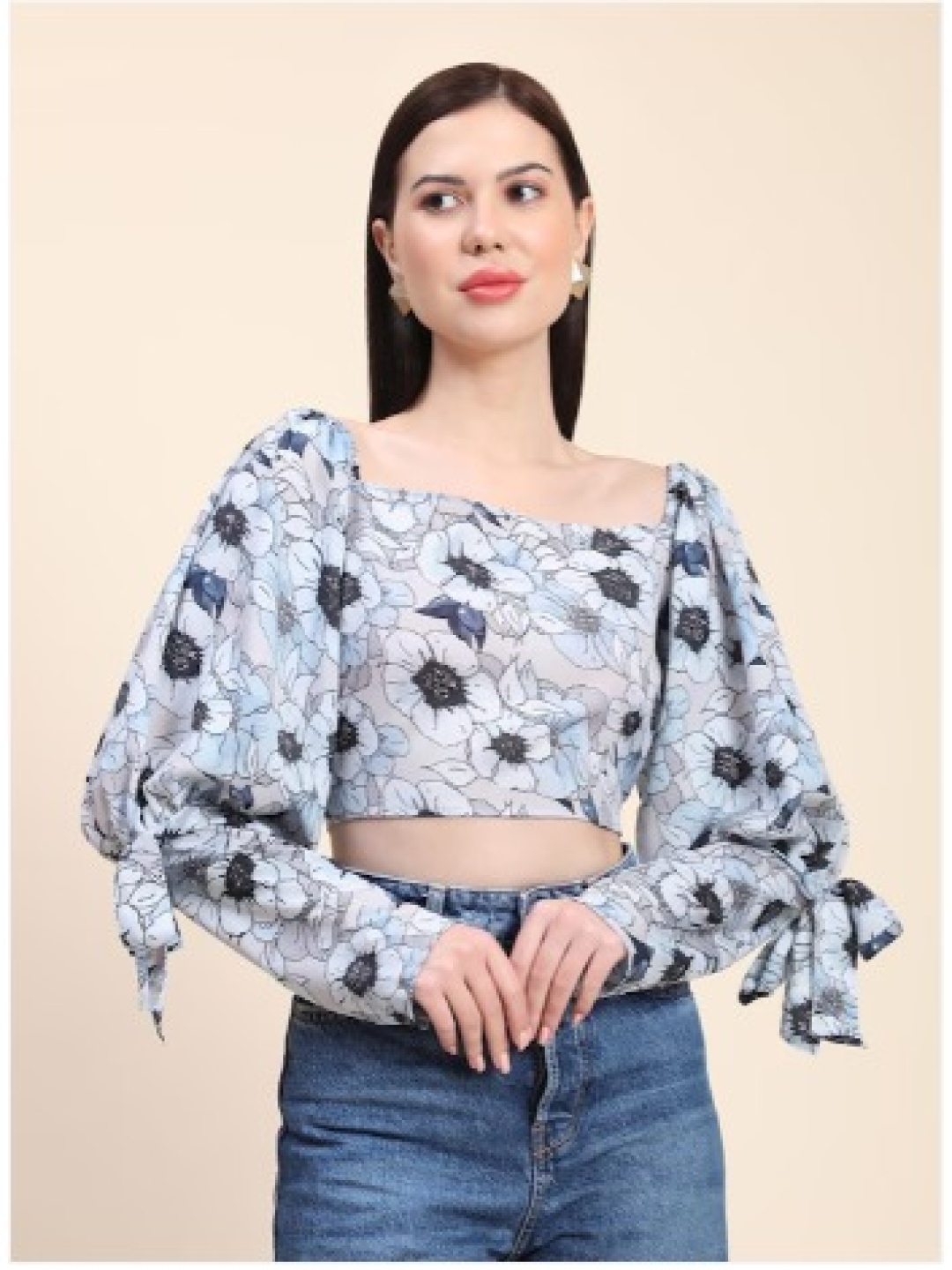 

Rujave Floral Printed Puffed Sleeves Cotton Organza Fitted Crop Top, Blue