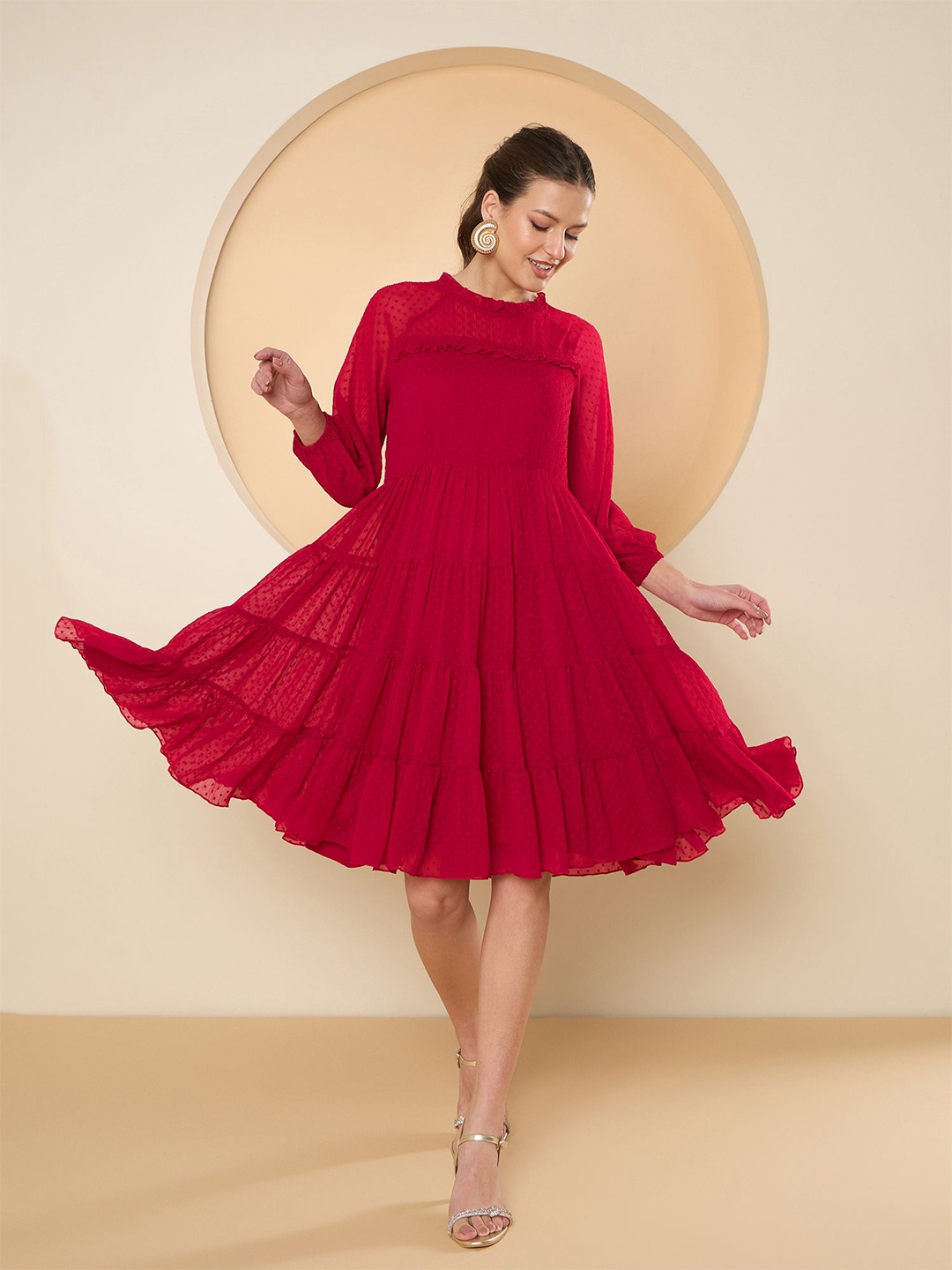 

Antheaa Flared Sleeve Chiffon Fit & Flare Dress, Red