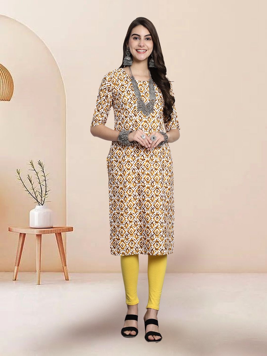 

7Threads Selection of 6 Ethnic Motifs Printed Round Neck Straight Kurtas, Beige