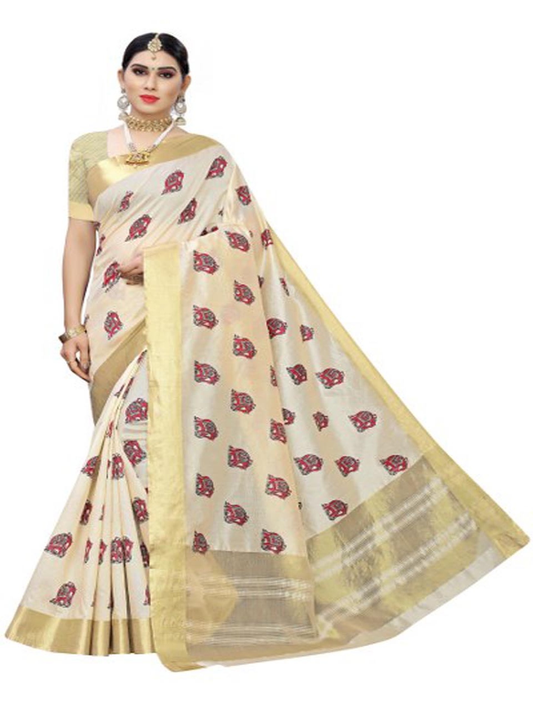 

KALINI Ethnic Motifs Zari Silk Cotton Kanjeevaram Saree, Cream