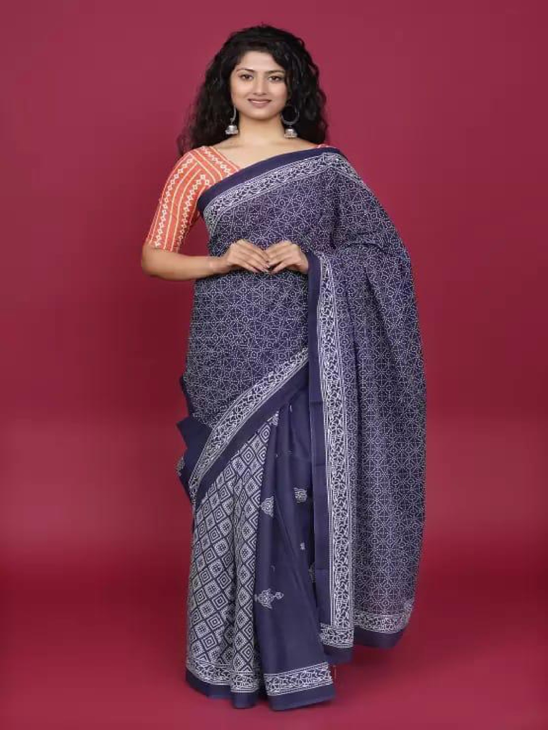 

TROPWEAR Ethnic Motifs Pure Cotton Block Print Saree, Blue