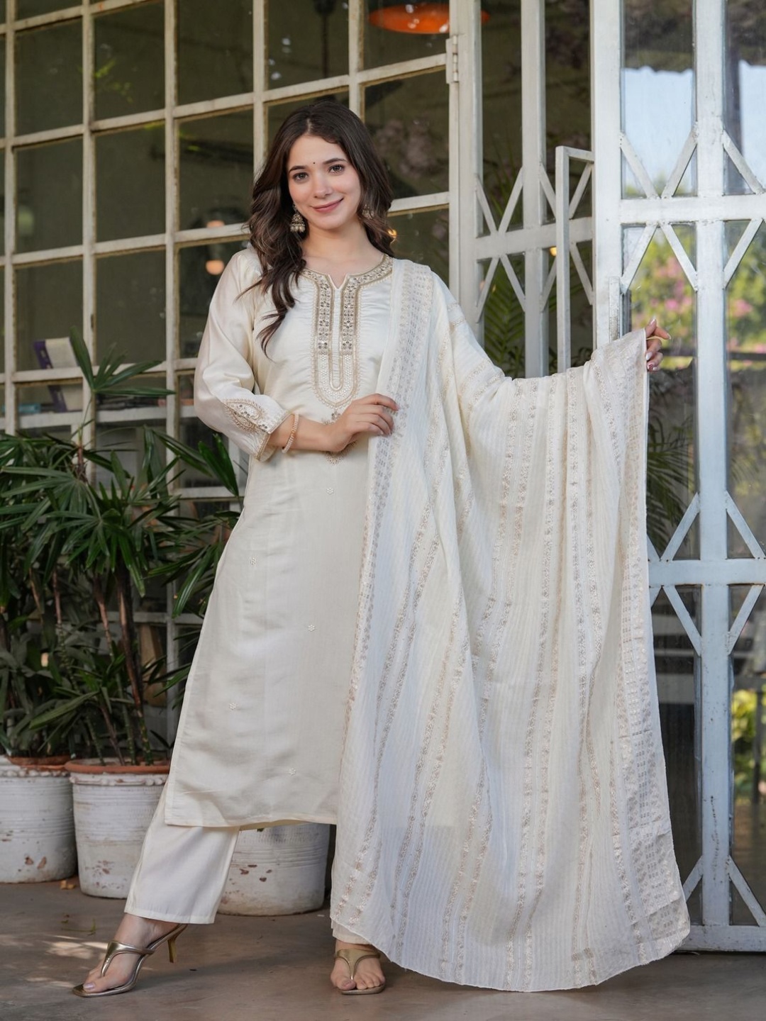 

KALINI Ethnic Motifs Yoke Design Sequinned Straight Kurta With Palazzos & Dupatta, Off white