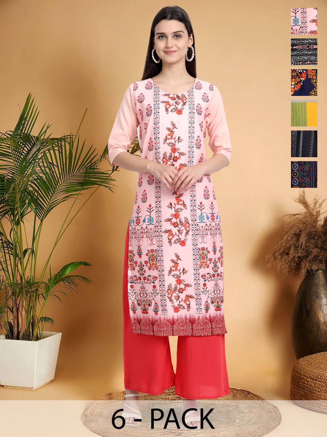 

7Threads Selection Of 6 Floral Printed Round Neck Kurtas, Pink