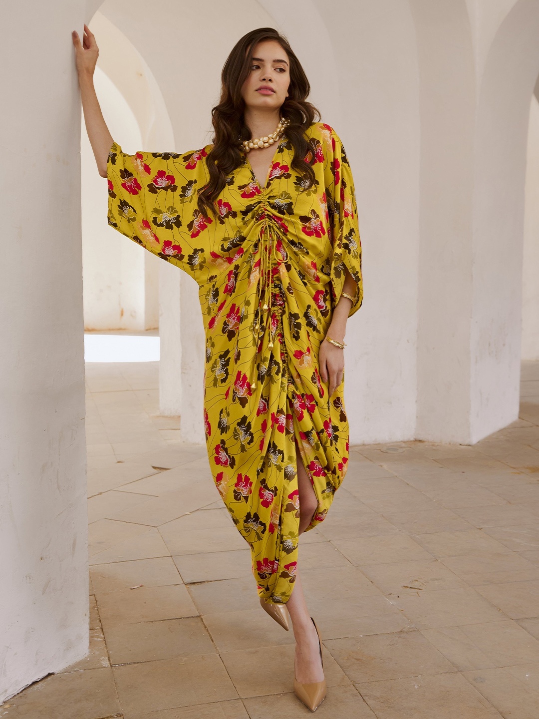 

Pallavi Jaipur Gulbahar V-Neck Drawstring Kaftan Midi Dress, Lime green