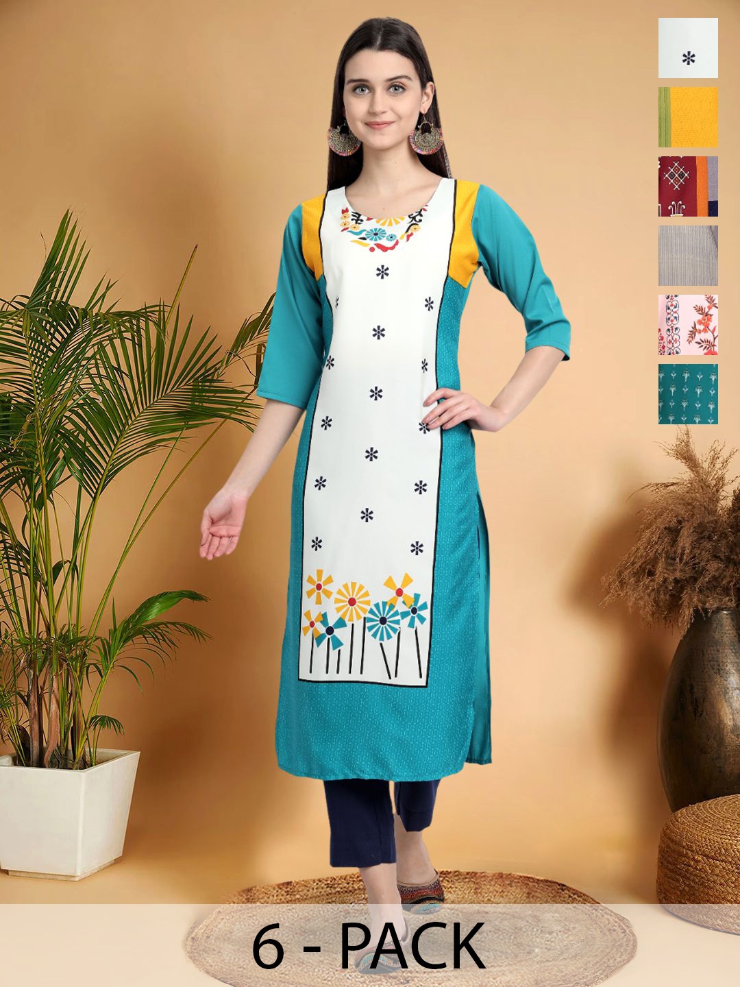 

7Threads Selection Of 6 Floral Printed Round Neck Straight Kurtas, Blue