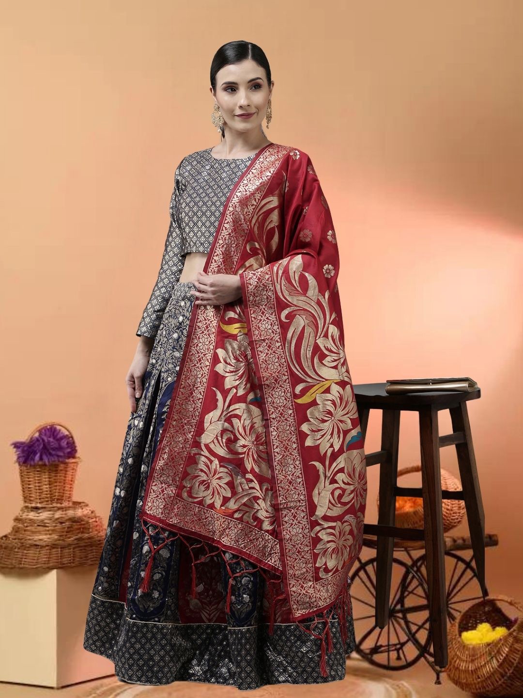 

MAGMINA Semi-Stitched Lehenga & Unstitched Blouse With Dupatta, Blue