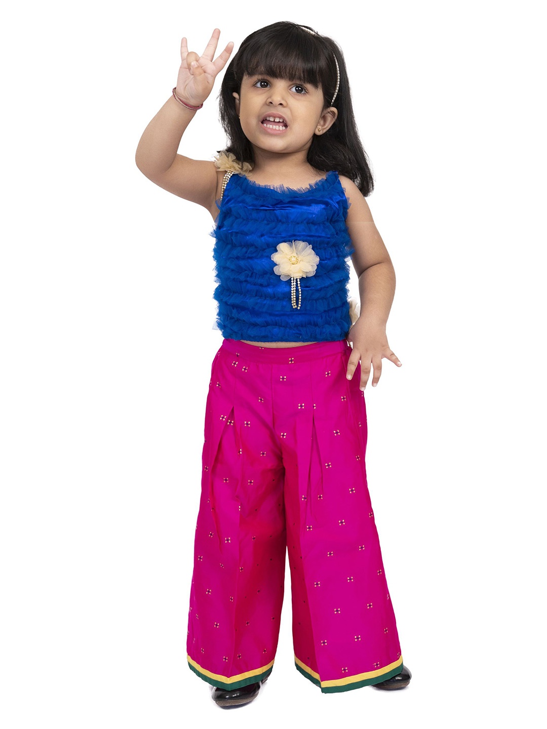 

Twisha Girls Embellished Shoulder Straps Neck Sleeveless Top With Palazzo, Blue
