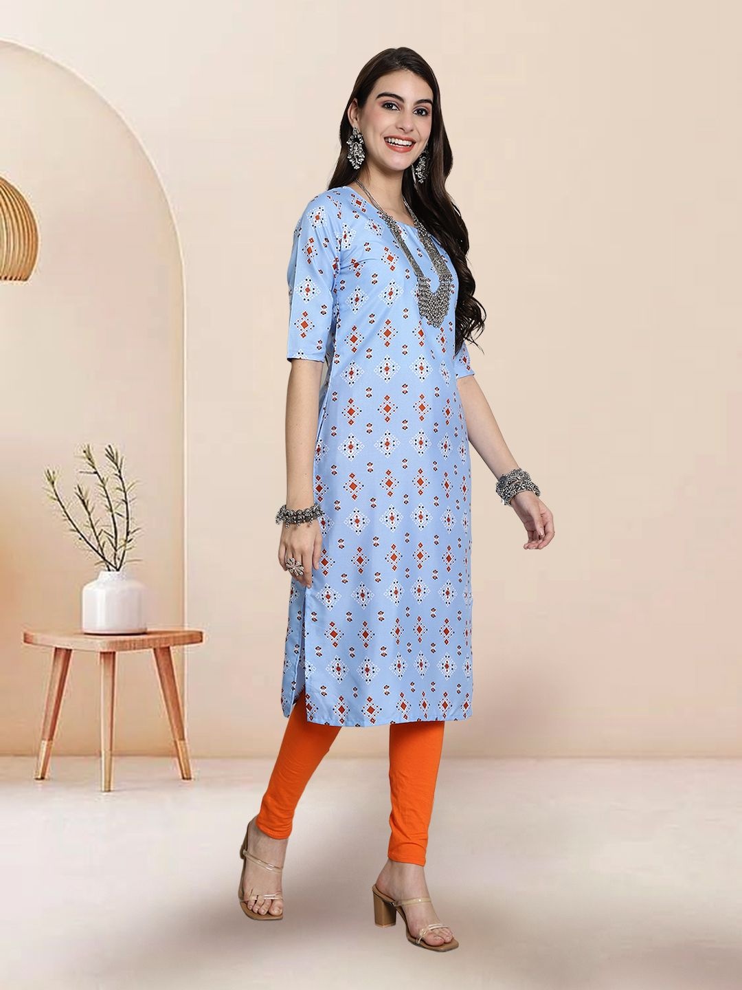 

7Threads Selection of 2 Geometric Printed Round Neck Straight Kurtas, Blue