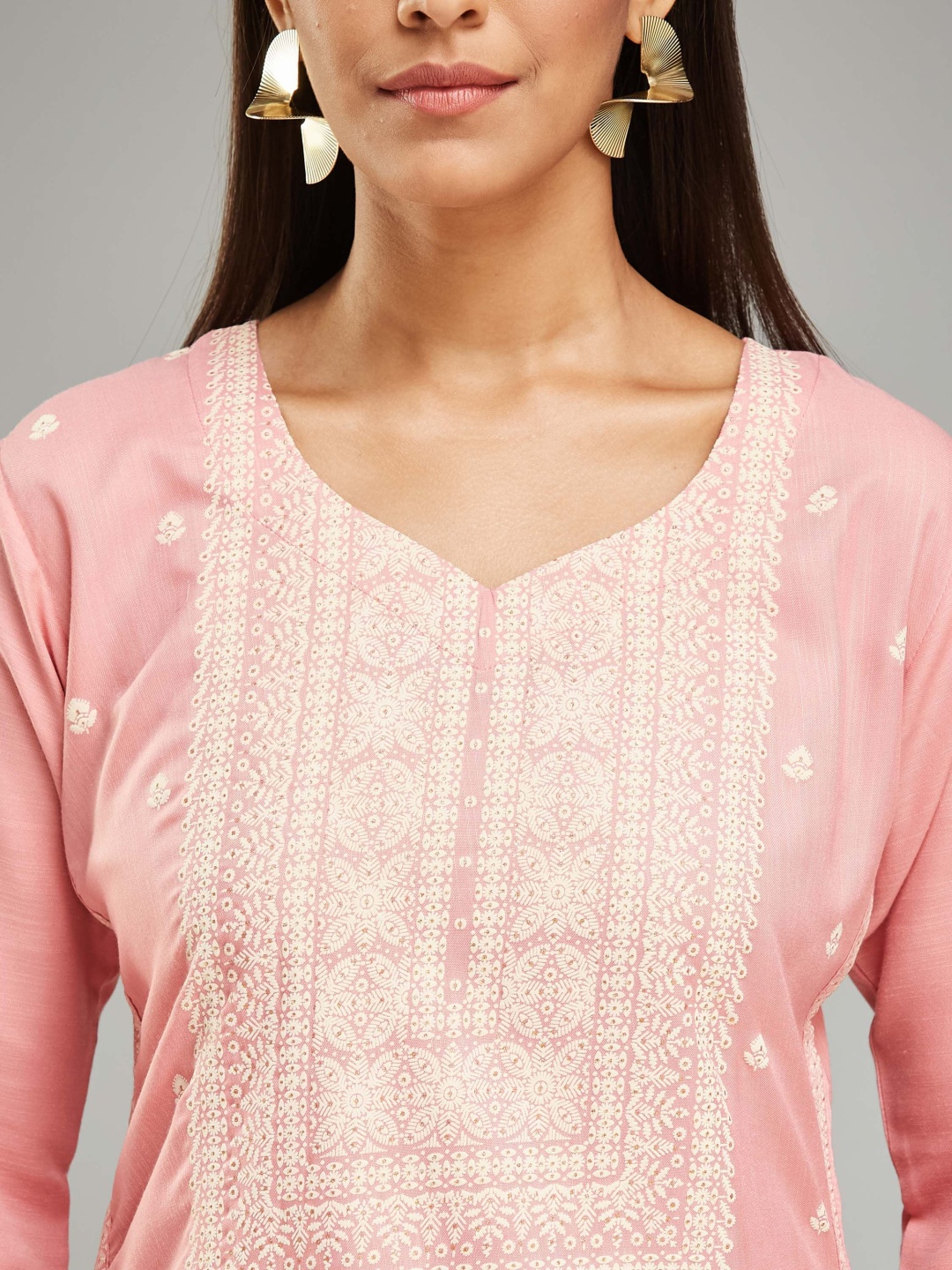 

KALINI Floral Printed Khari Print Straight Kurta With Trousers And Dupatta, Peach