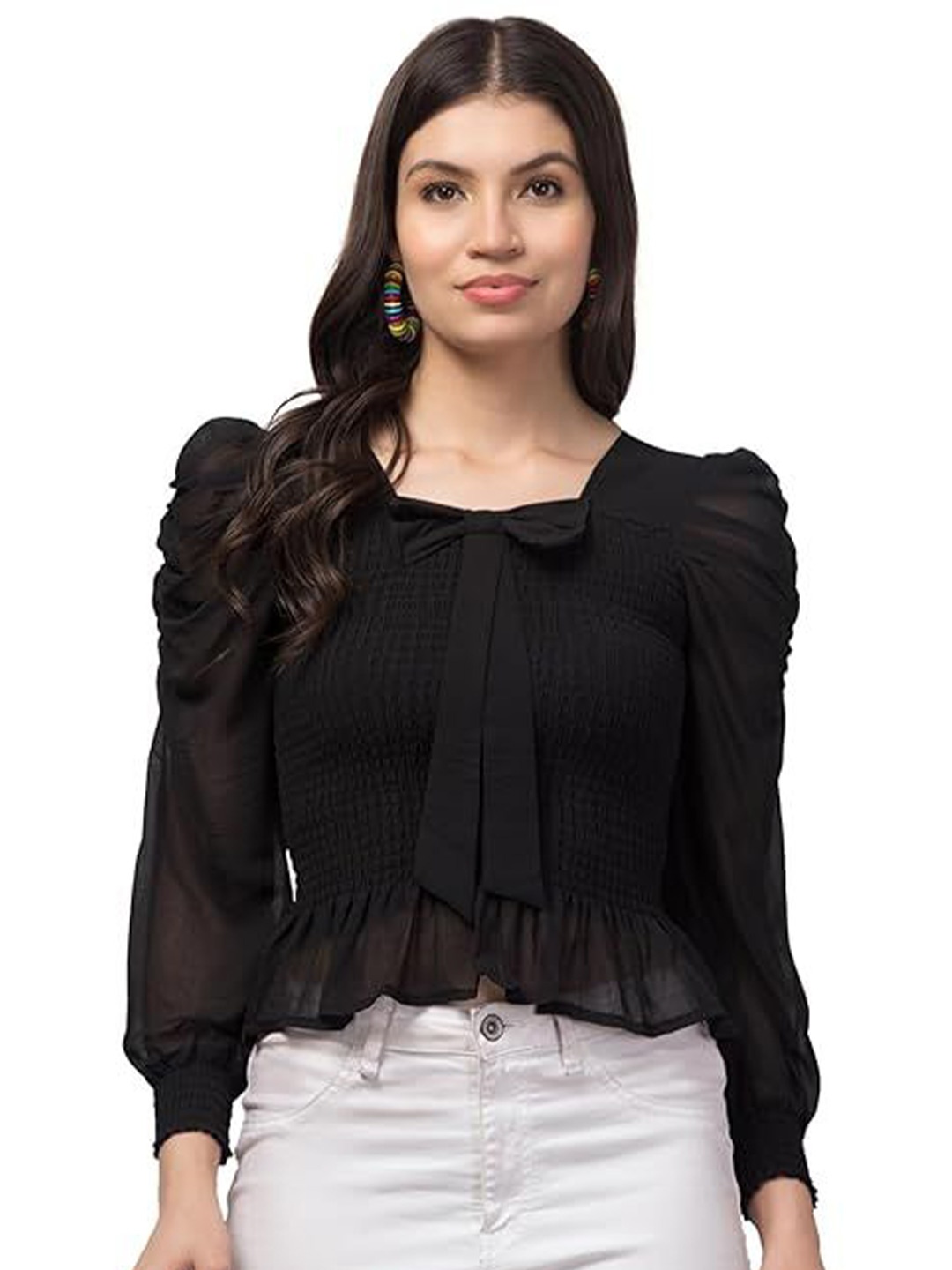 

My Swag Smocked Georgette Top, Black
