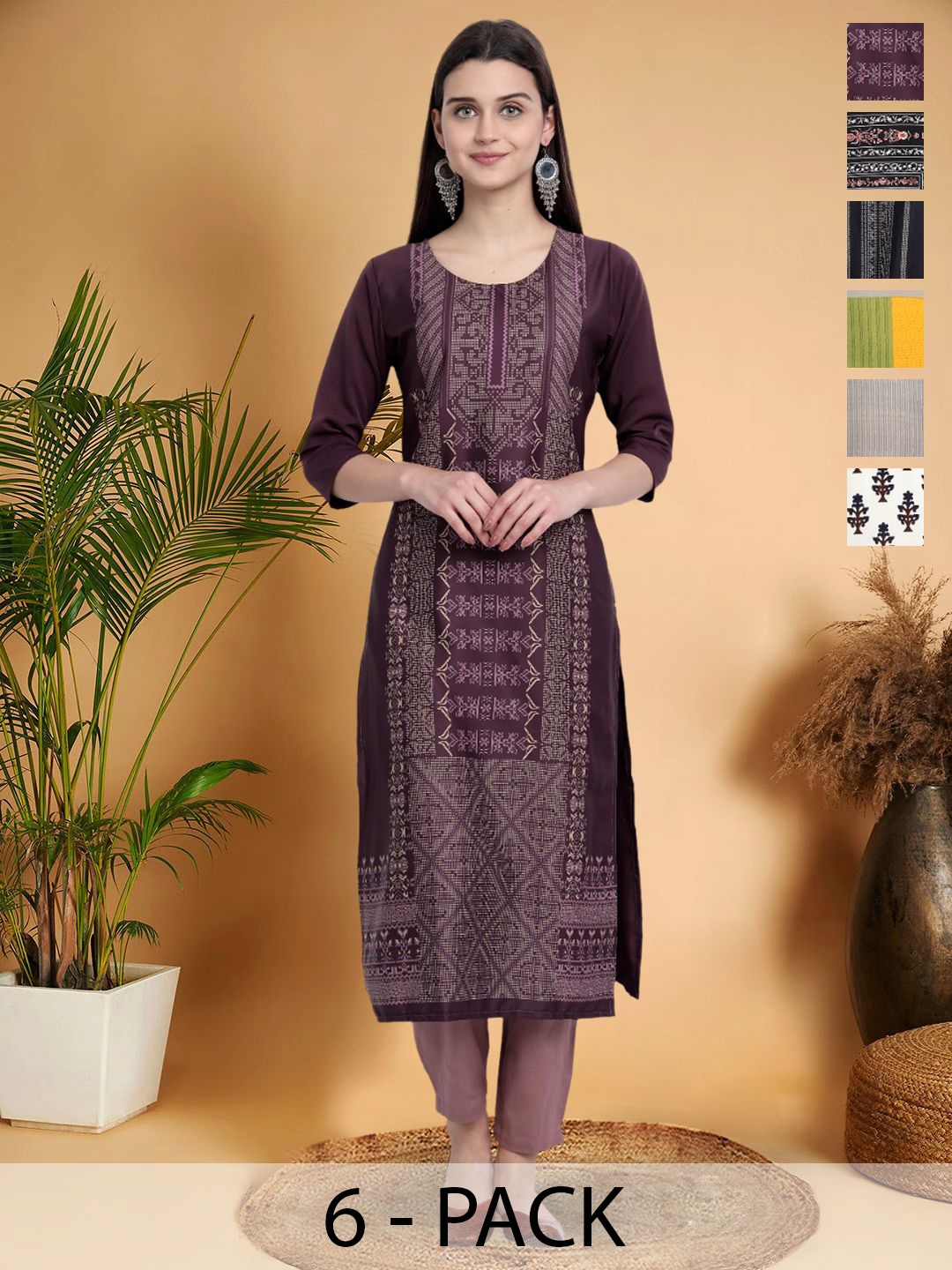 

7Threads Selection Of 6 Ethnic Motifs Printed Round Neck Straight Kurtas, Purple