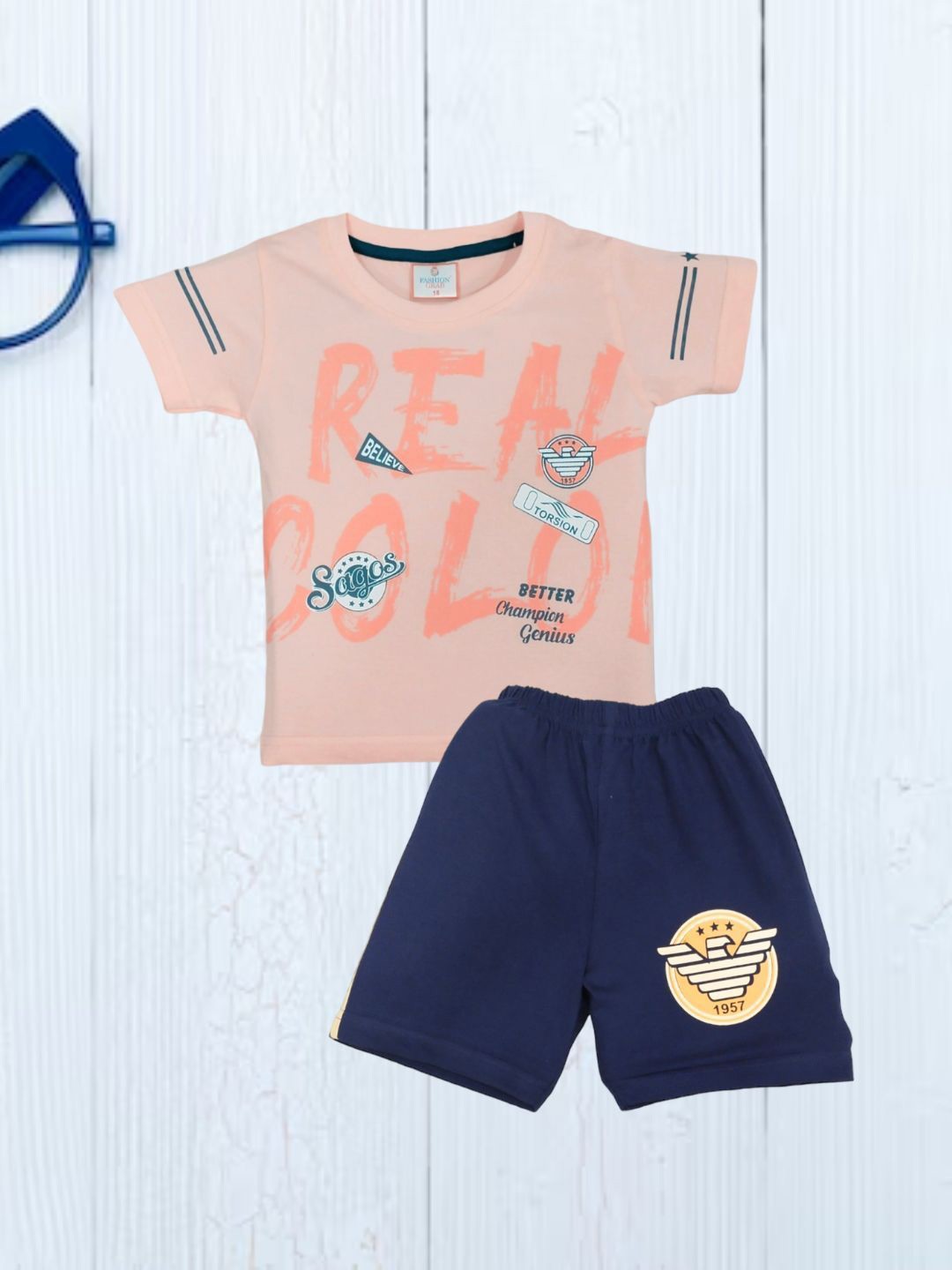 

FASHION GRAB Kids Printed Pure Cotton T-Shirt With Shorts, Peach
