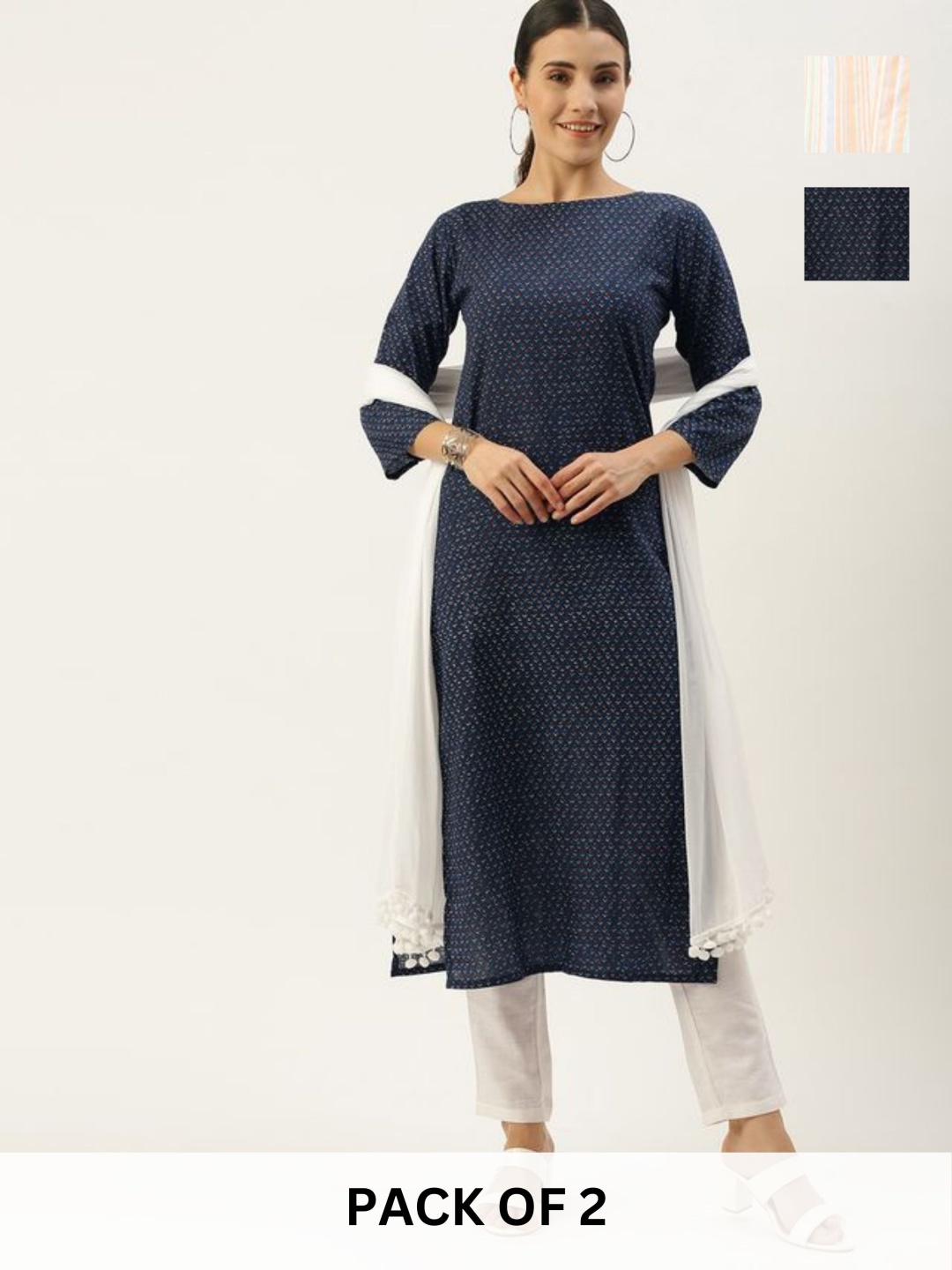 

KALINI Selection Of 2 Ethnic Motifs Printed Boat Neck Straight Shape Kurtas With Trousers, Navy blue