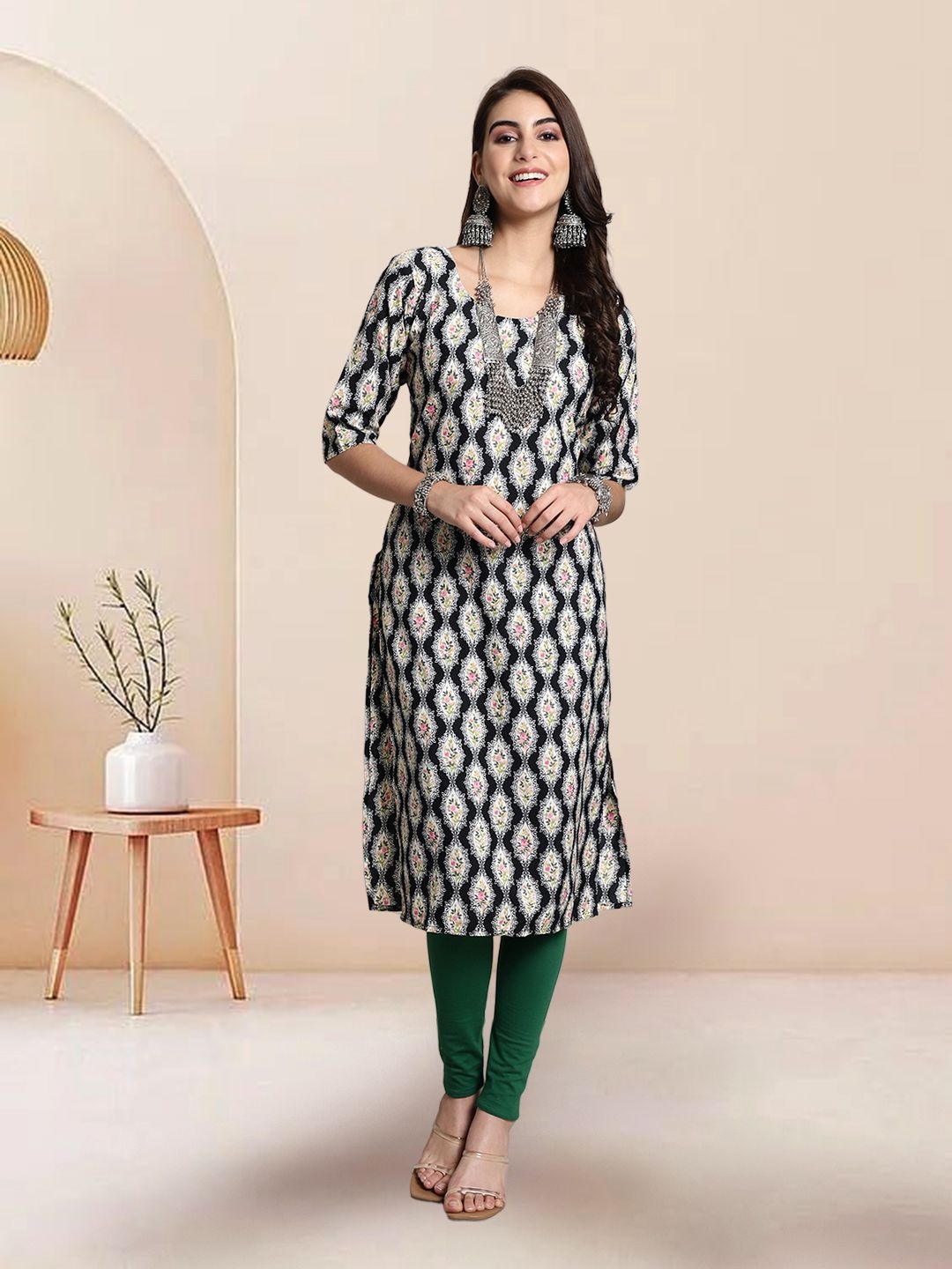 

7Threads Selection Of 2 Ethnic Motifs Printed Round Neck Straight Kurtas, Beige