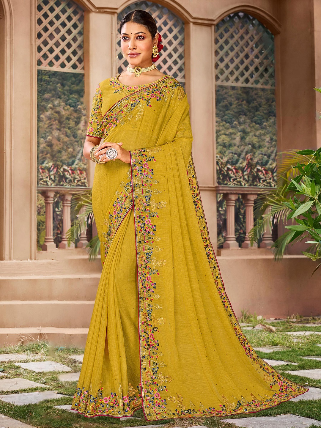 

Laxmipati Floral Beads and Stones Poly Chiffon Saree, Mustard