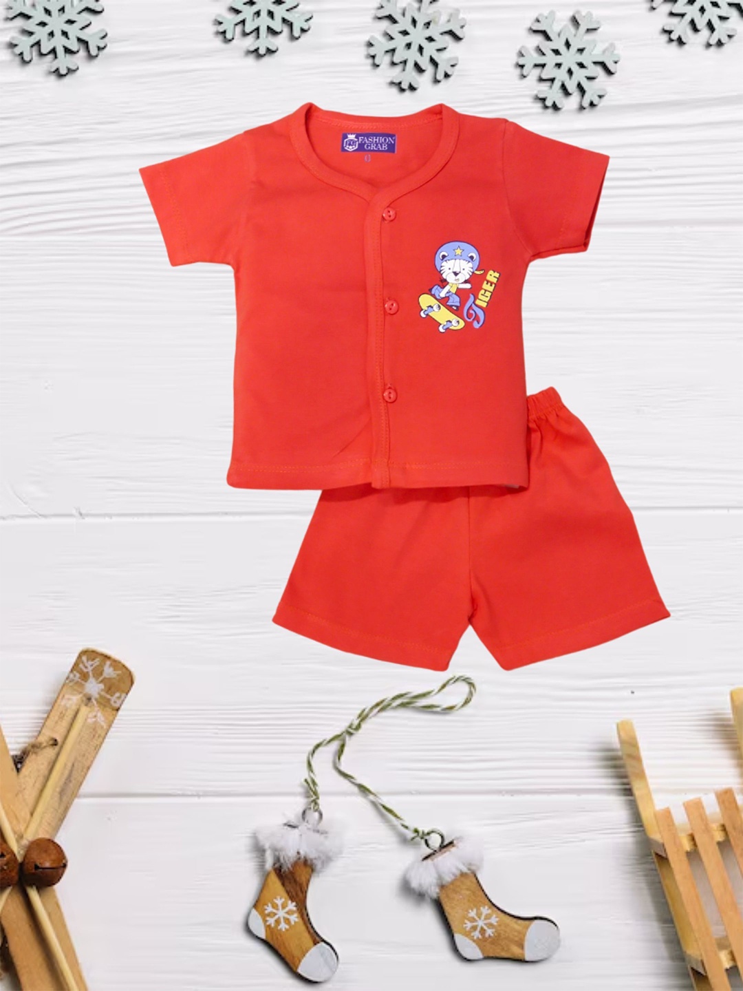 

FASHION GRAB Kids Printed Pure Cotton Shirt With Shorts, Red