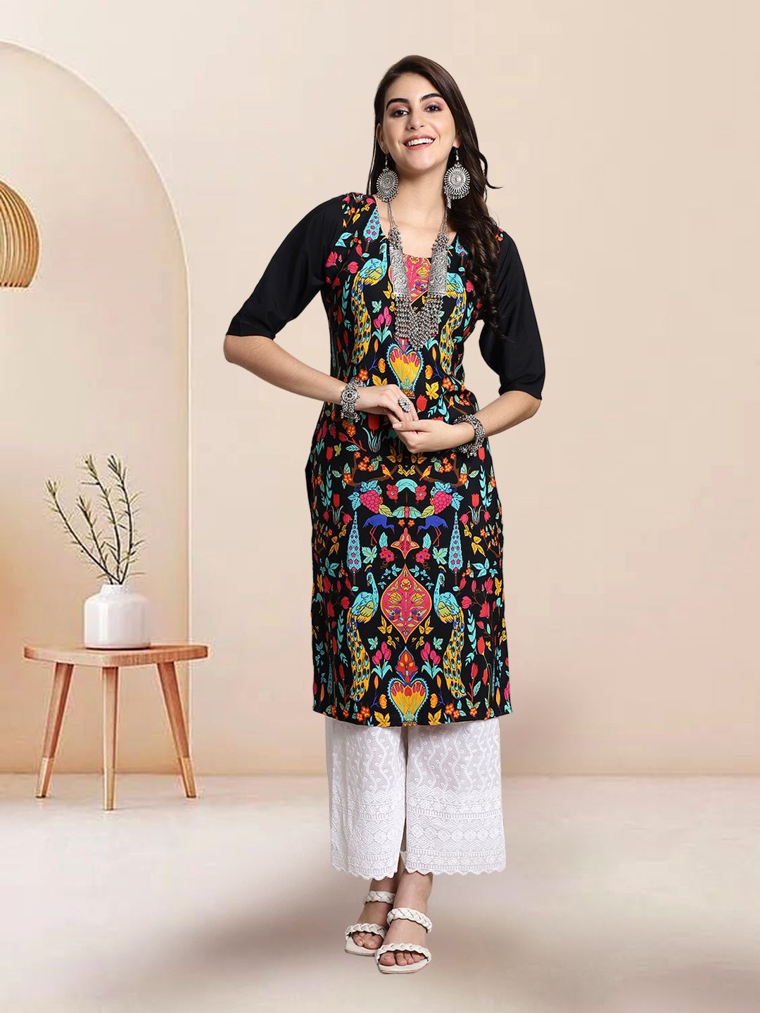 

7Threads Selection Of 3 Floral Printed Round Neck Straight Kurtas, Black