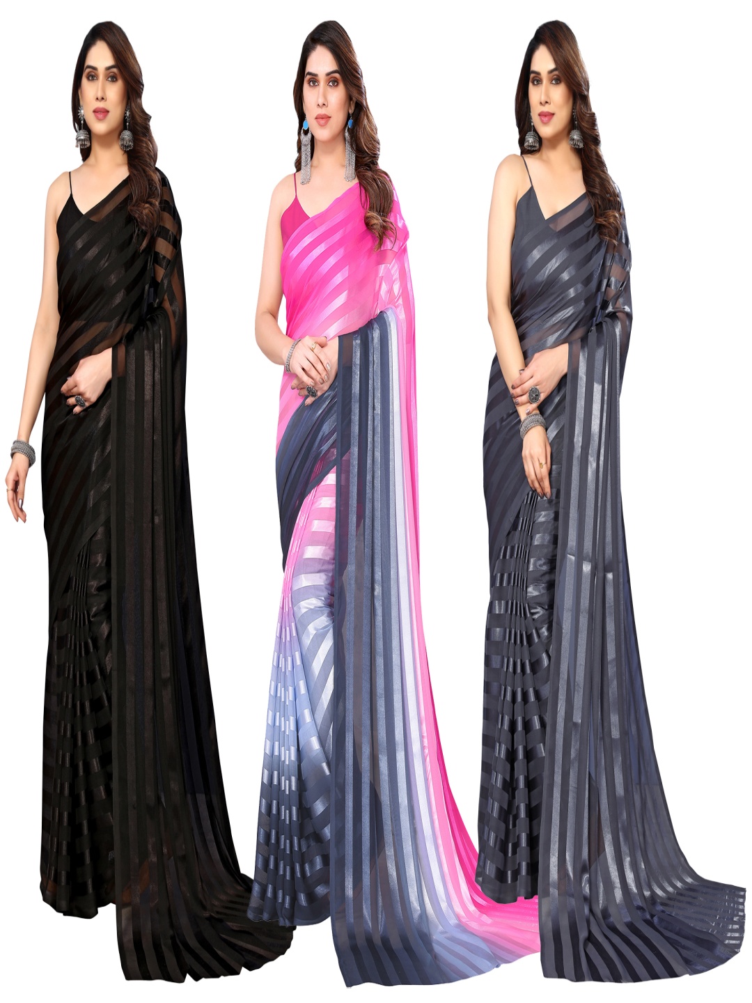 

ANAND SAREES Striped Satin Saree, Black