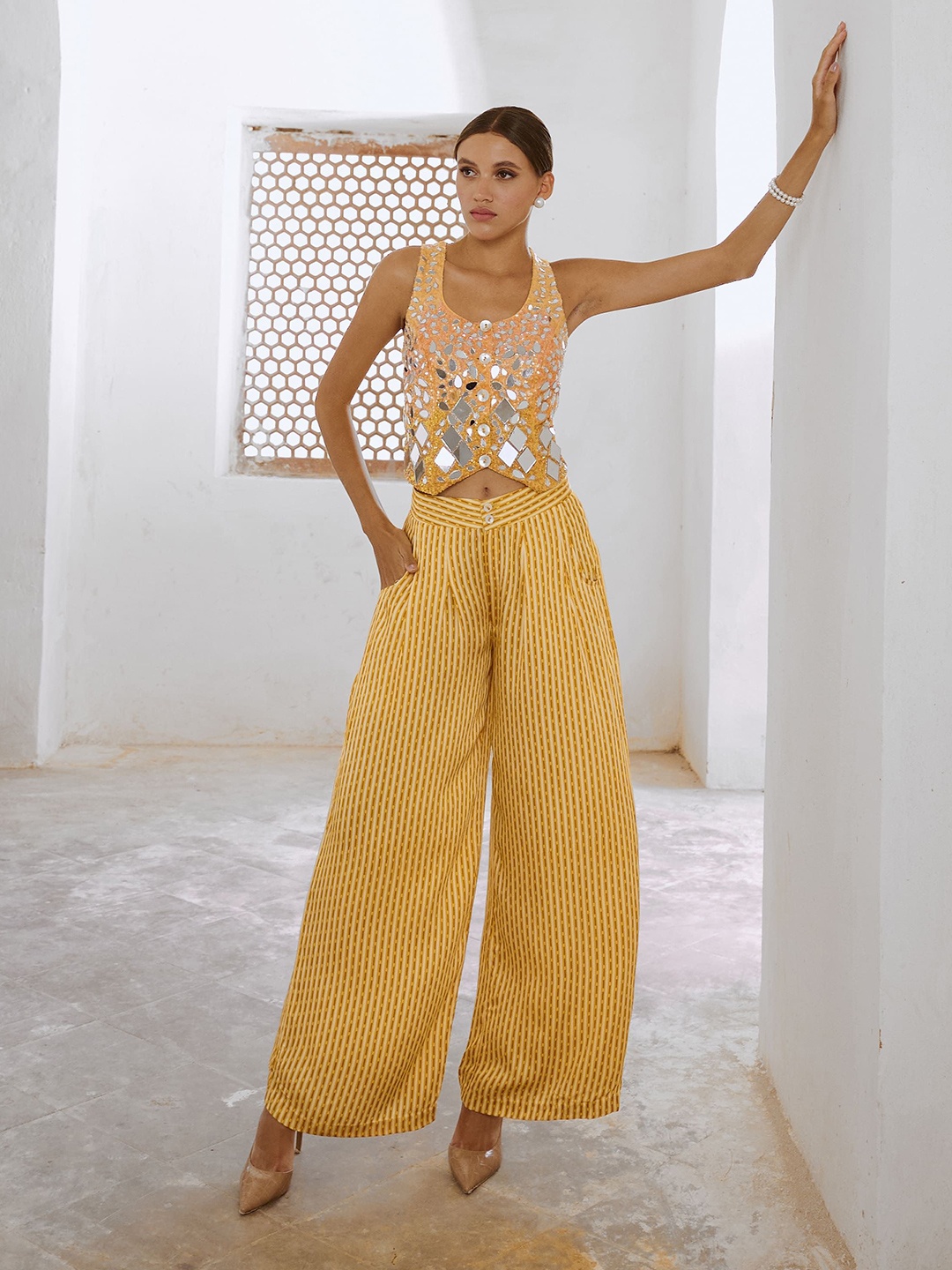 

Pallavi Jaipur Gulbahar Embroidered Scoop Neck Top With Palazzo, Mustard
