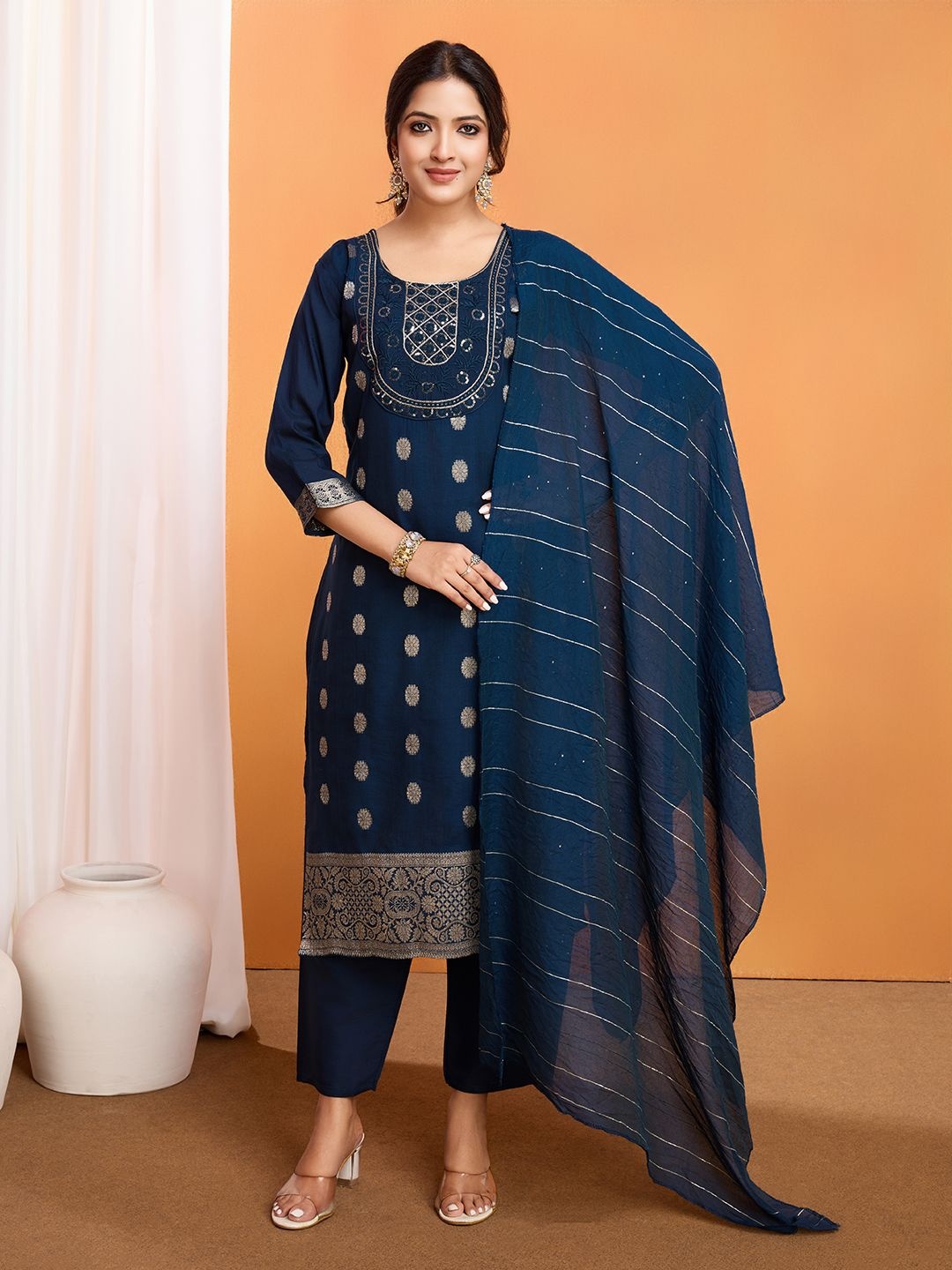 

Divyadham Textiles Sequined Embellished Round Neck Straight Kurta With Trouser And Dupatta, Navy blue